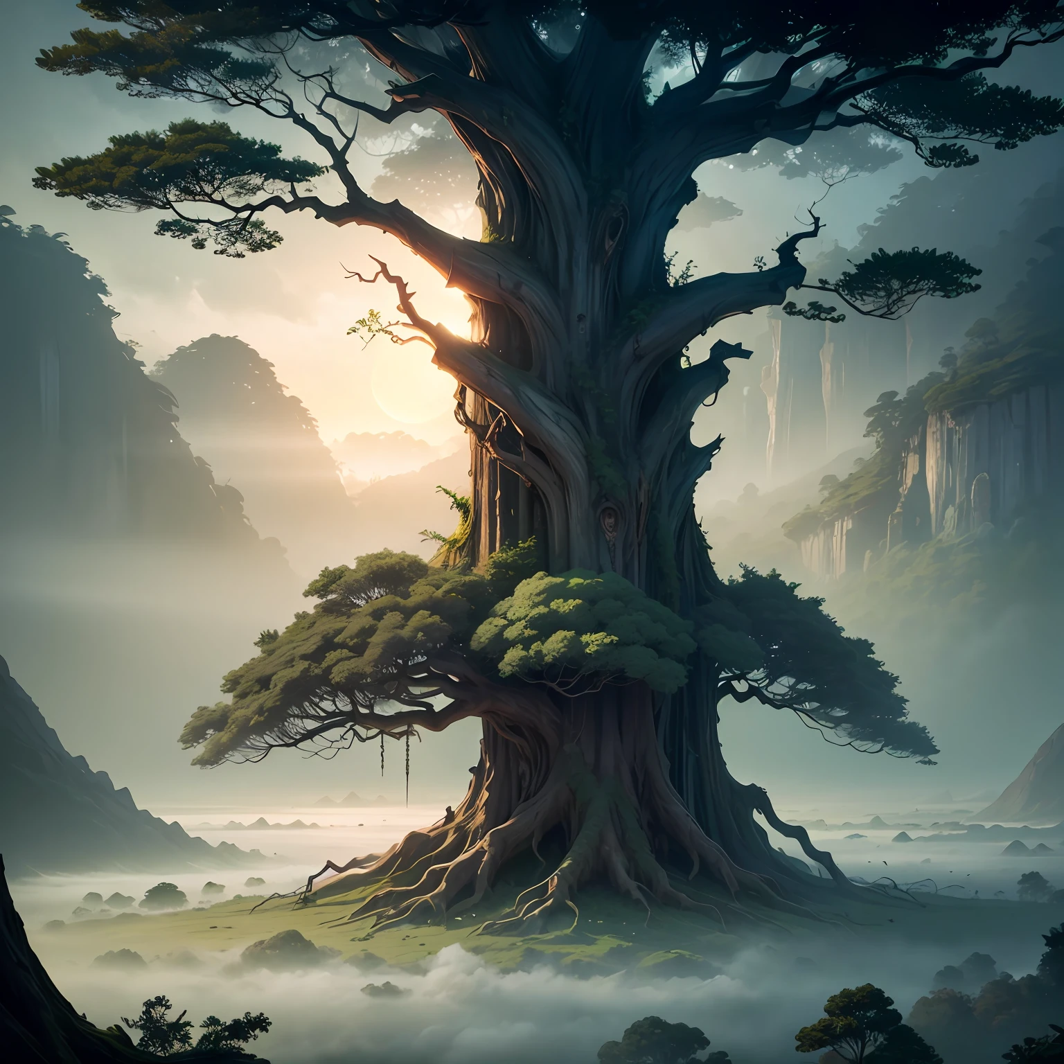 ancient giant tree in the deep jungle, birds in the branches, fog at dawn, beautiful scenery --auto