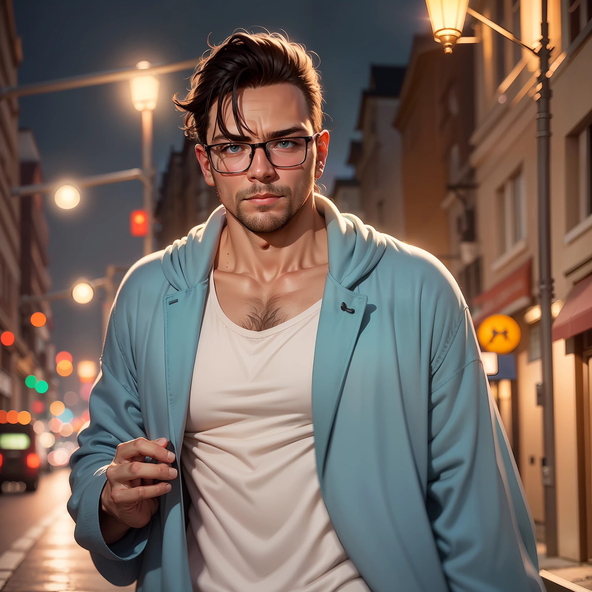 38-year-old man in blue bathrobe, wearing glasses in a street lighting