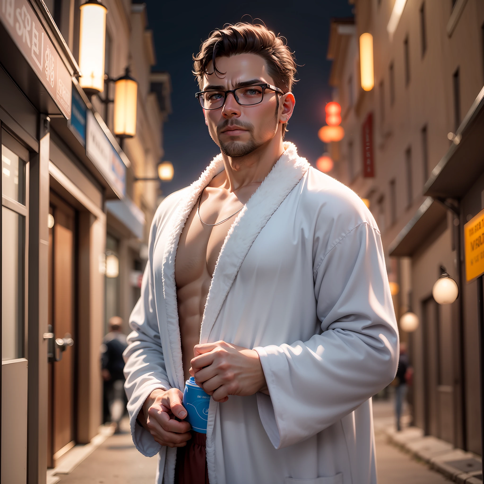 38-year-old man in blue bathrobe, wearing glasses in a street lighting