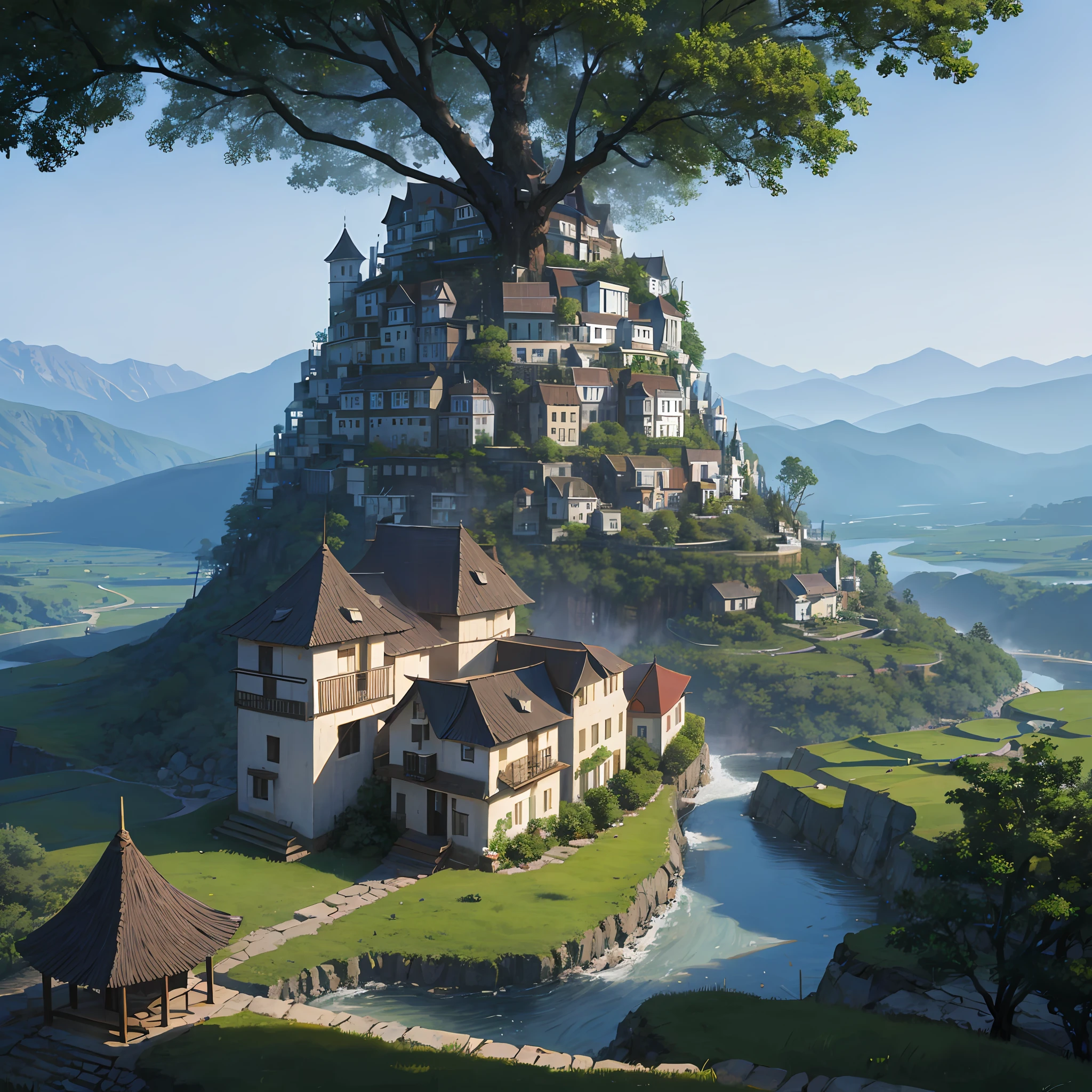 small village on the edge of a dense forest --16:9-- --sem contorno-- --auto