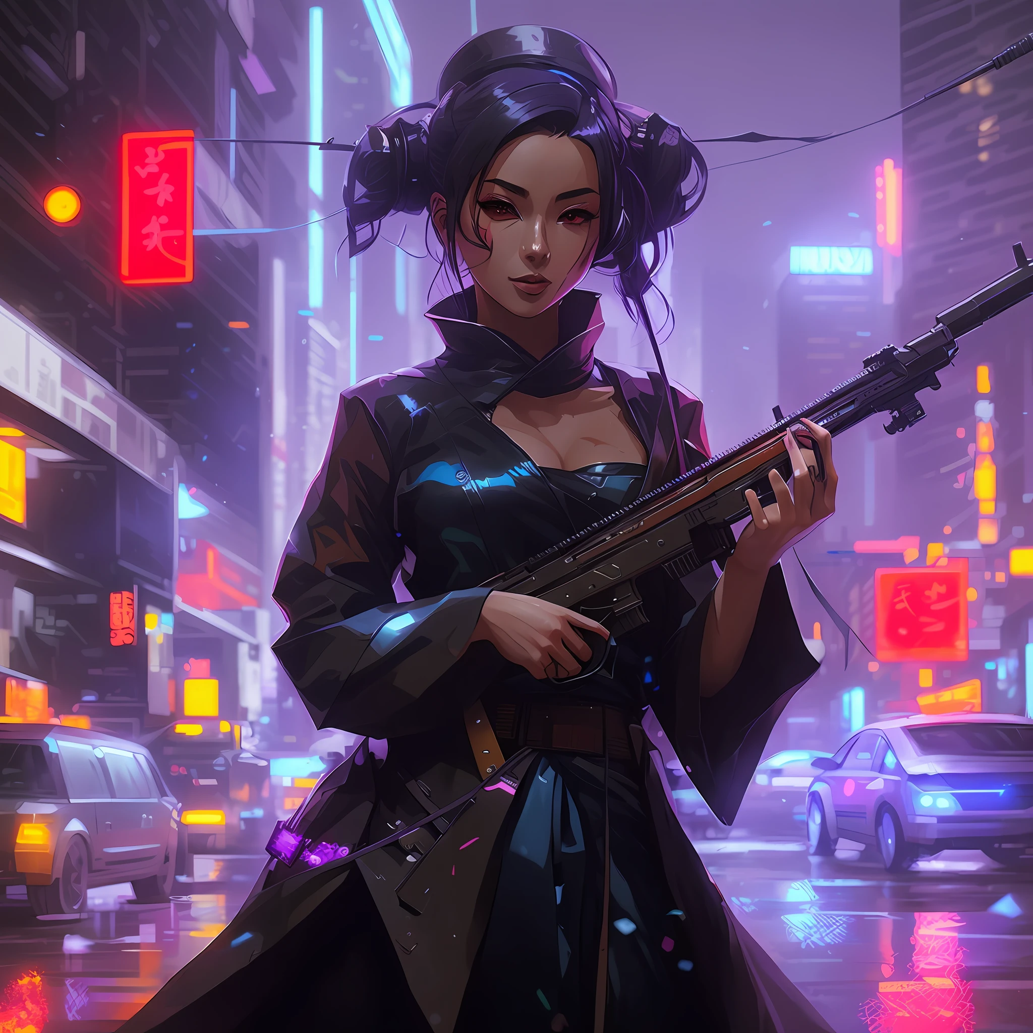 Anime girl with a gun in the rain, artwork in the style of guweiz, Cyberpunk geisha, cyberpunk artstyle, very beautiful cyberpunk samurai, anime cyberpunk art, wojtek fus, cyberpunk anime art, digital cyberpunk anime art, Cyberpunk anime girl, cyberpunk themed art, cyberpunk atmosphere, modern cyberpunk anime, Cyberpunk Girl, Cyberpunk femme fatale, It has a cyberpunk style