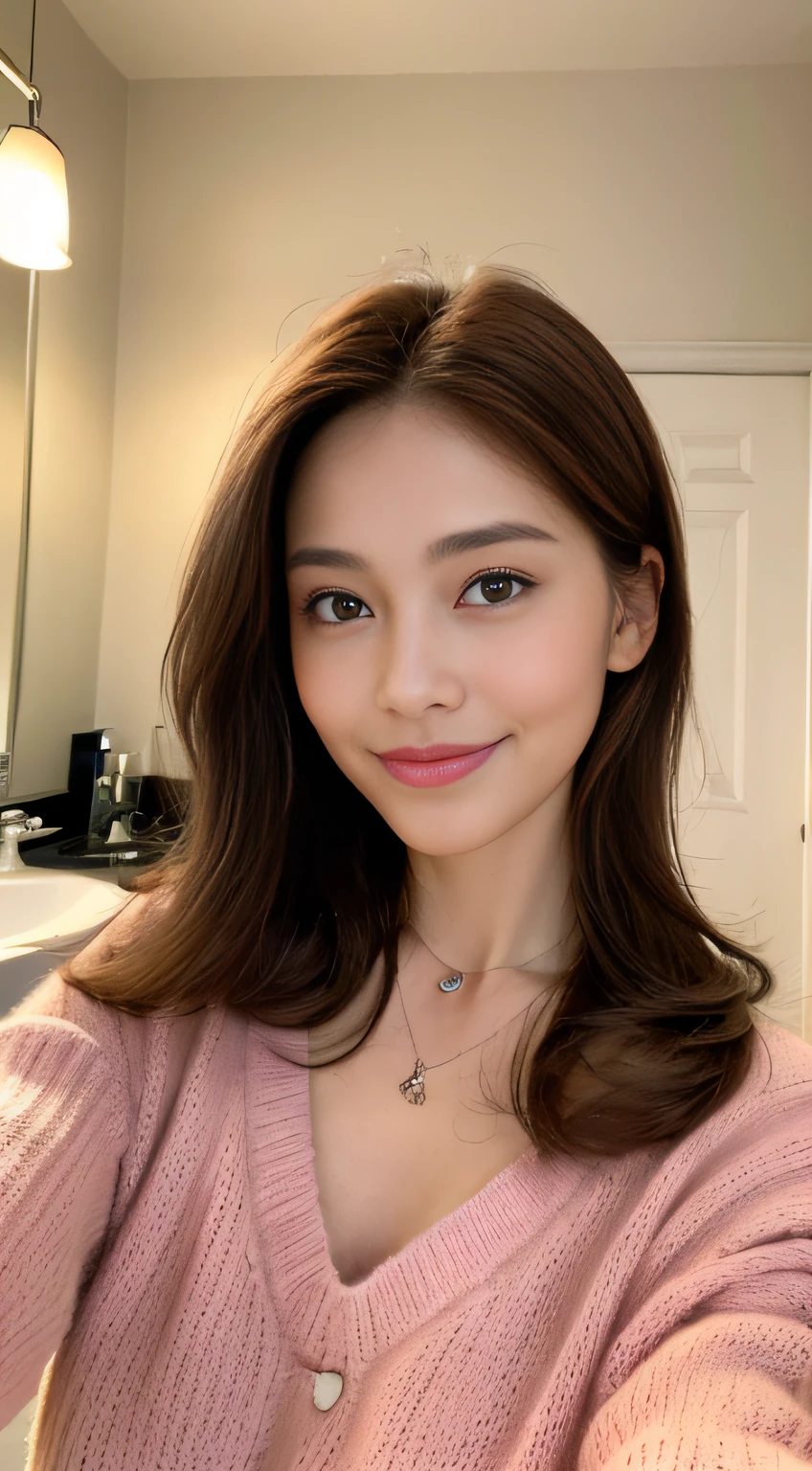 ((Night, Realistic Light, Best Quality, 8K, Masterpiece: 1.3)), 1girl, Slim Figure, Middle-aged: 1.4, Abs: 1.1, (Brown hair, Mid breasts: 1.3), Long pink sweater: 1.1, Bathroom, Super fine face, Delicate eyes, Double eyelids, smile, necklace