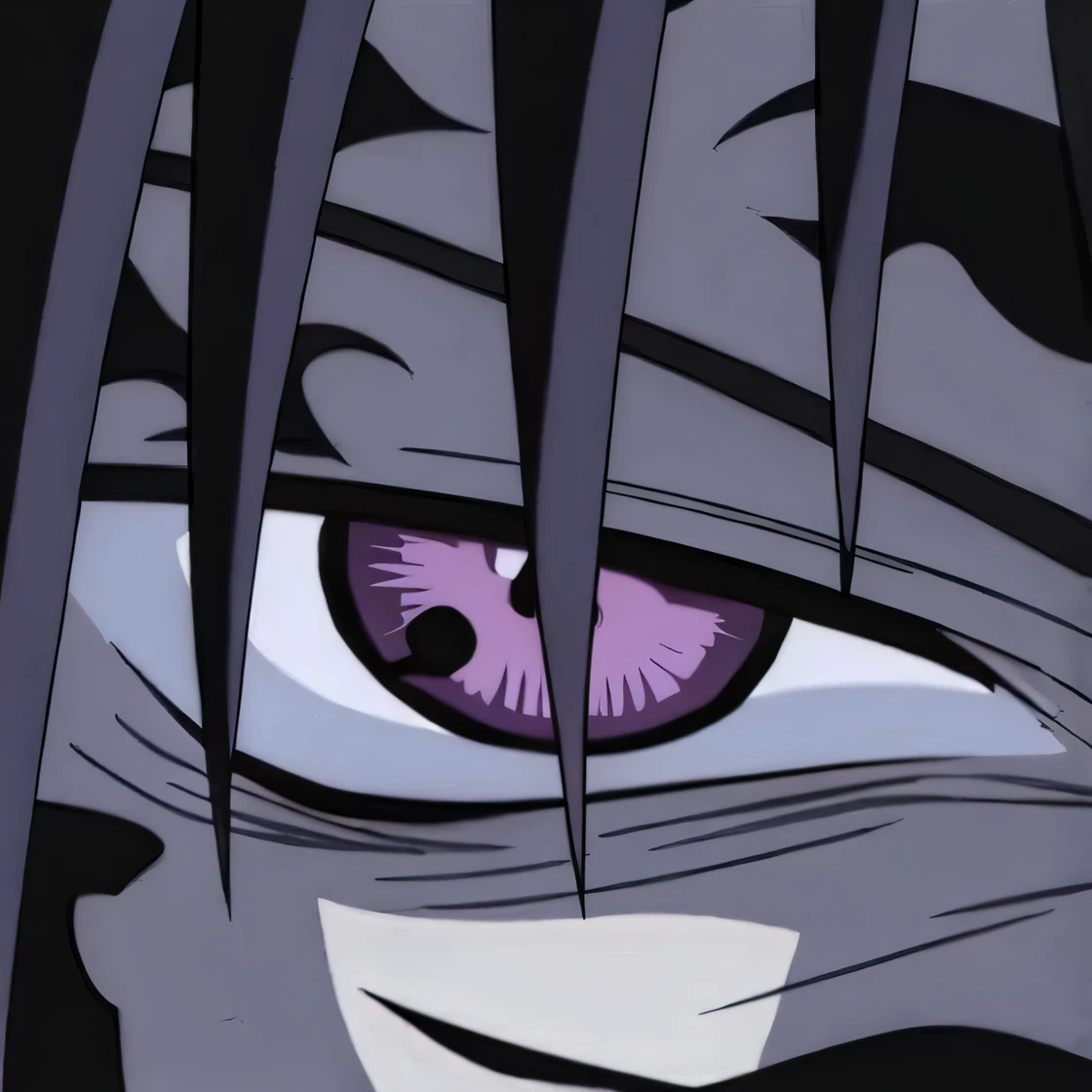 anime character with purple eyes and long hair looking into the camera, Coringa se parece com Naruto, sasuke uchiha, madara uchiha, Itachi uchiha, ele tem cabelos grisalhos escuros, itatchi uchiha, Itachi, dor de naruto, de naruto, Olhos enormes de anime, Alunos de fenda, olhos roxos afiados, large eyes and menacing smile, sorriso malvado --auto