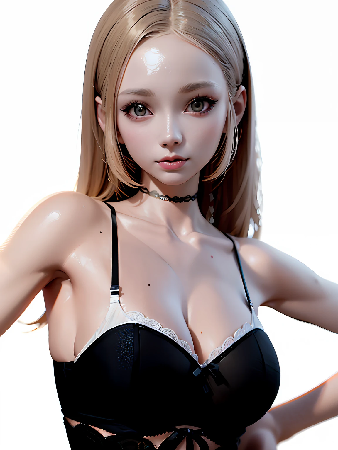 Close-up of a woman wearing a black lace transparent bra top,  pale milky white porcelain skin, render of a cute 3d anime girl, highly detailed character, photorealistic anime girl rendering, inspired by Sim Sa-jeong, pale porcelain white skin, wlop glossy skin, anime styled 3d, realistic shadow perfect body, Guviz