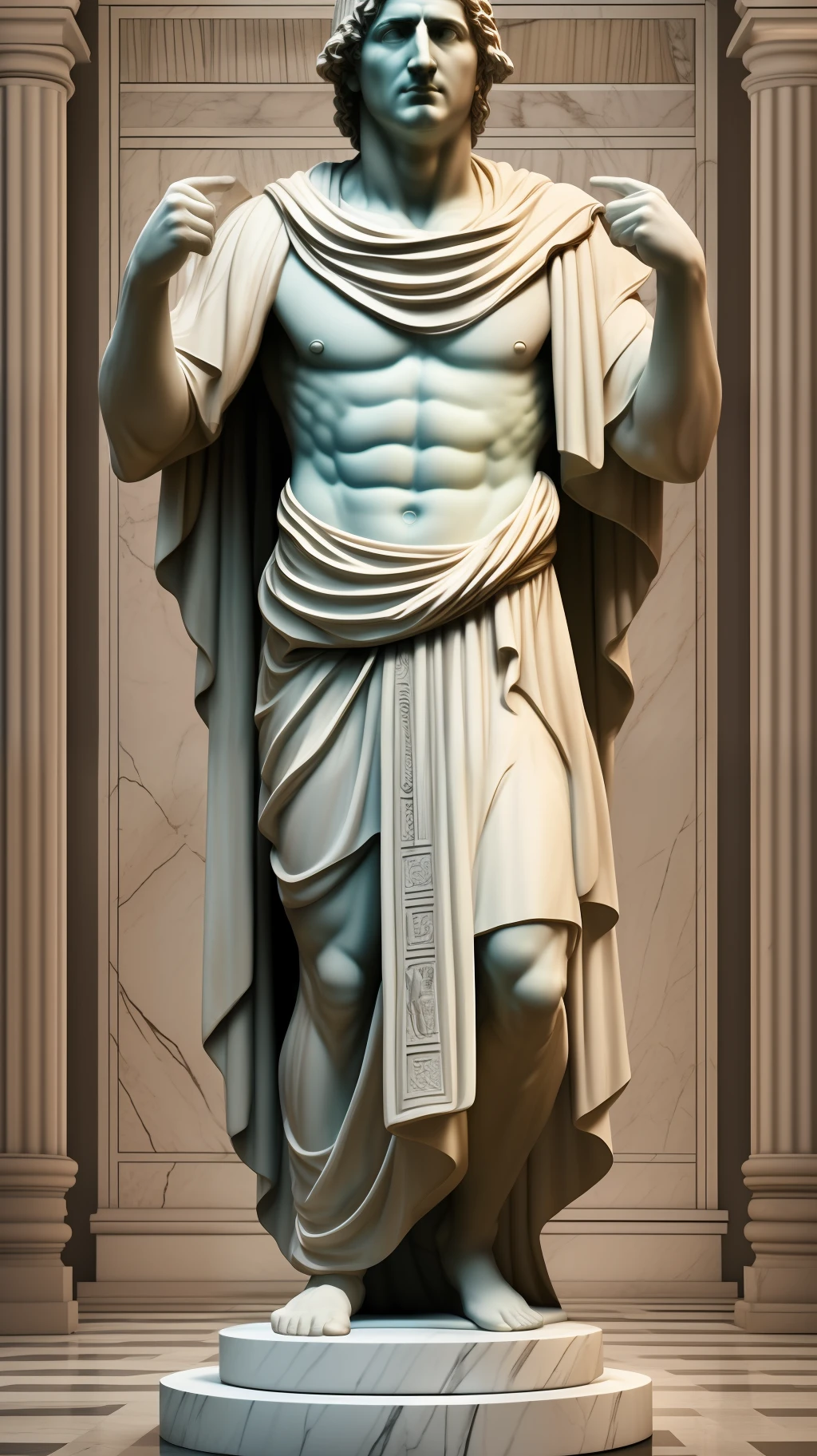 a realistic full body  greek white marble statue of julius caesar wearing a ghostly toga, neutral background, moody, , photorealistic, cinematic scene, super detailed, hyper realistic, bright lights, 8 k --auto --s2