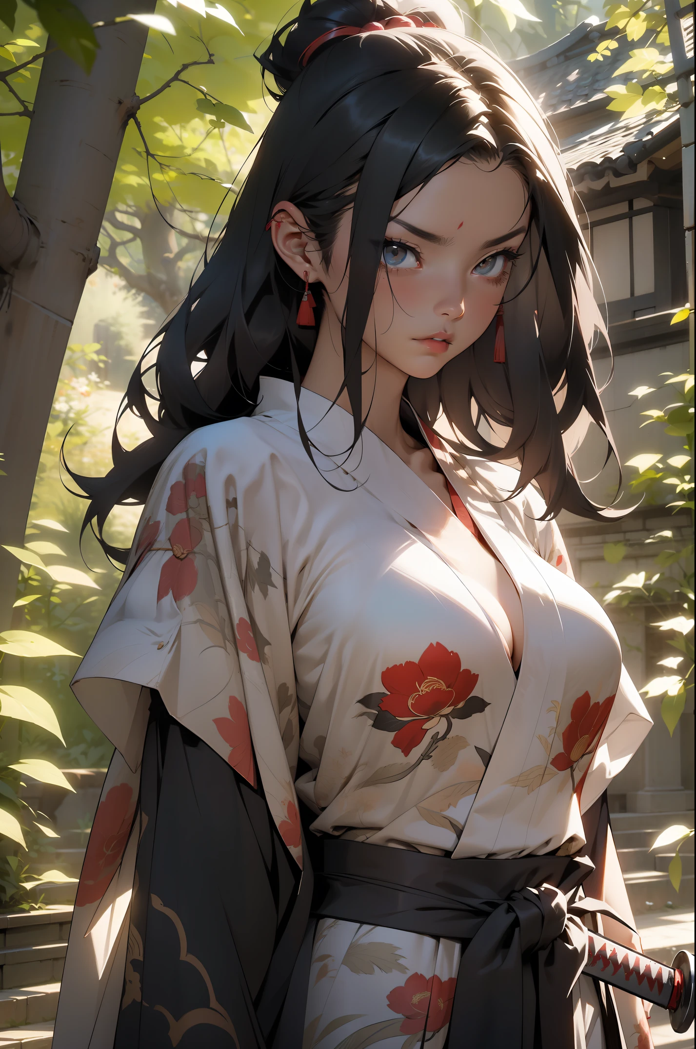 Beautiful full-bodied woman, 30 years old, muscular and perfect body, warrior, kimono, large breasts, holding a blood-stained katana sword, Japanese, eyes pulled, samurai clothing, short black hair fulfilled smooth band on the forehead, brave face, walking in an ancient Japanese garden