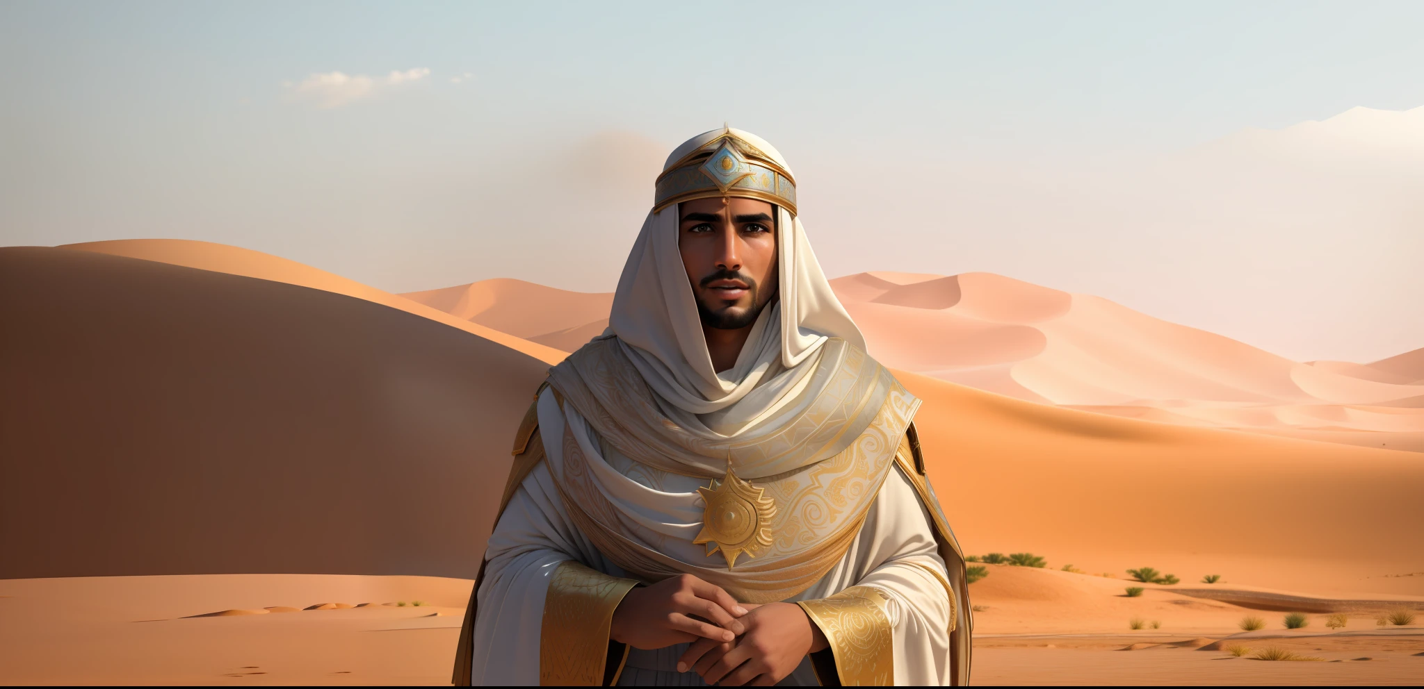 Arafed man in a white and gold outfit standing in the desert, handsome prince of persia, an arab standing watching over, O Rei no Deserto, arab man, Lawrence of Arabia, Reis antigos em vestes brancas, 3D render e pintura fosca, portrait of bedouin d&d, arabic, realistic fantasy rendering, homem bonito, Saara