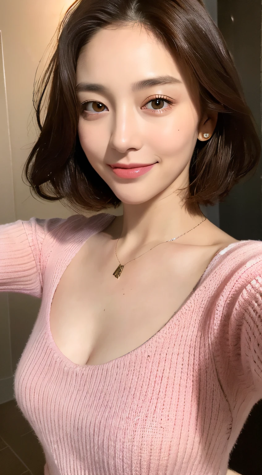 ((Night, Realistic Light, Best Quality, 8K, Masterpiece: 1.3)), 1girl, Slim Figure, Middle-aged: 1.4, Abs: 1.1, (Brown hair, Mid breasts: 1.3), Long pink sweater: 1.1, Bathroom, Super fine face, Delicate eyes, Double eyelids, smile, necklace