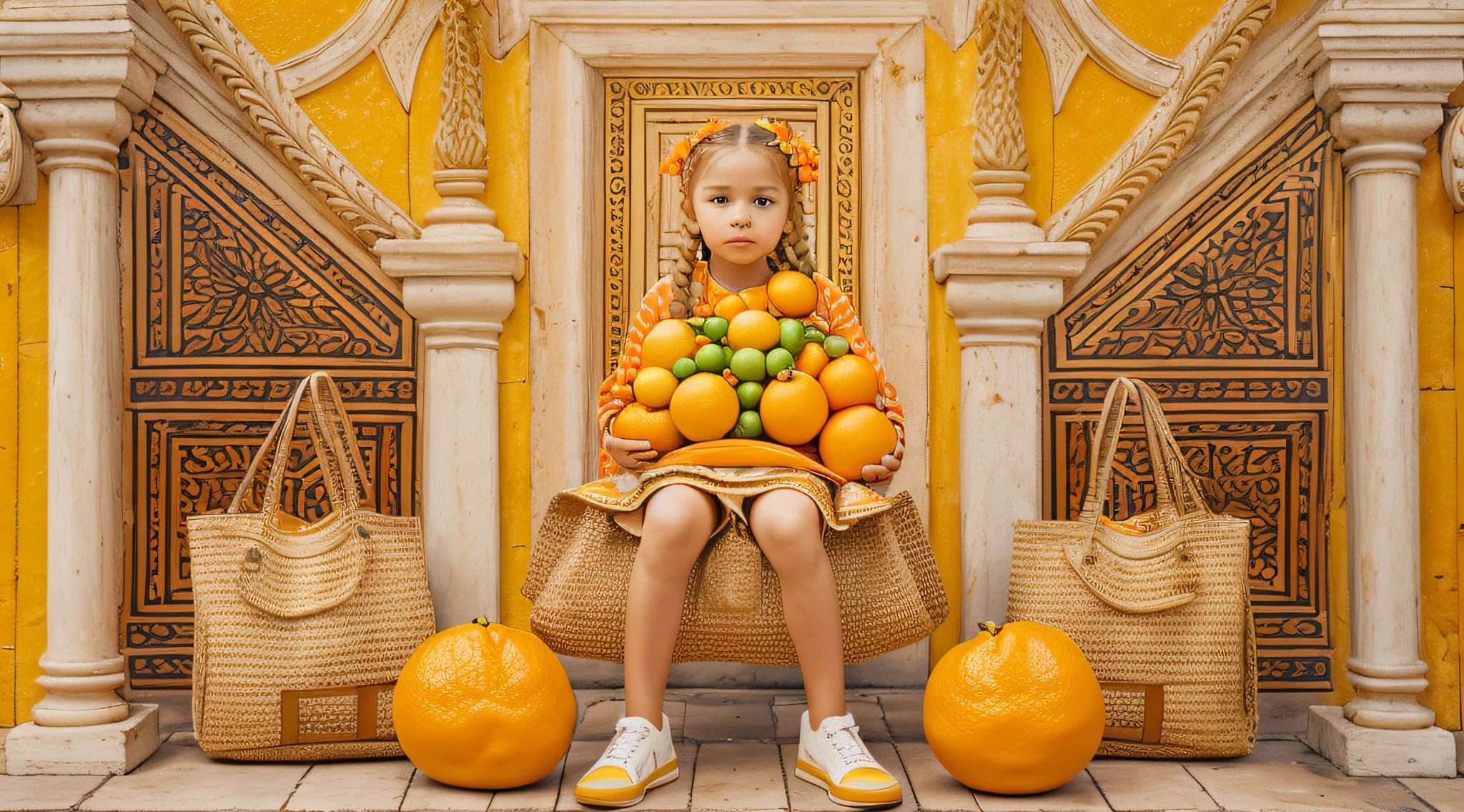 There's a blonde child girl in braids holding a bag of oranges and a bag of oranges, na frente de um fundo laranja, Editorial Oficial da Versace, modelo, teddy fresh, imagem retrato.