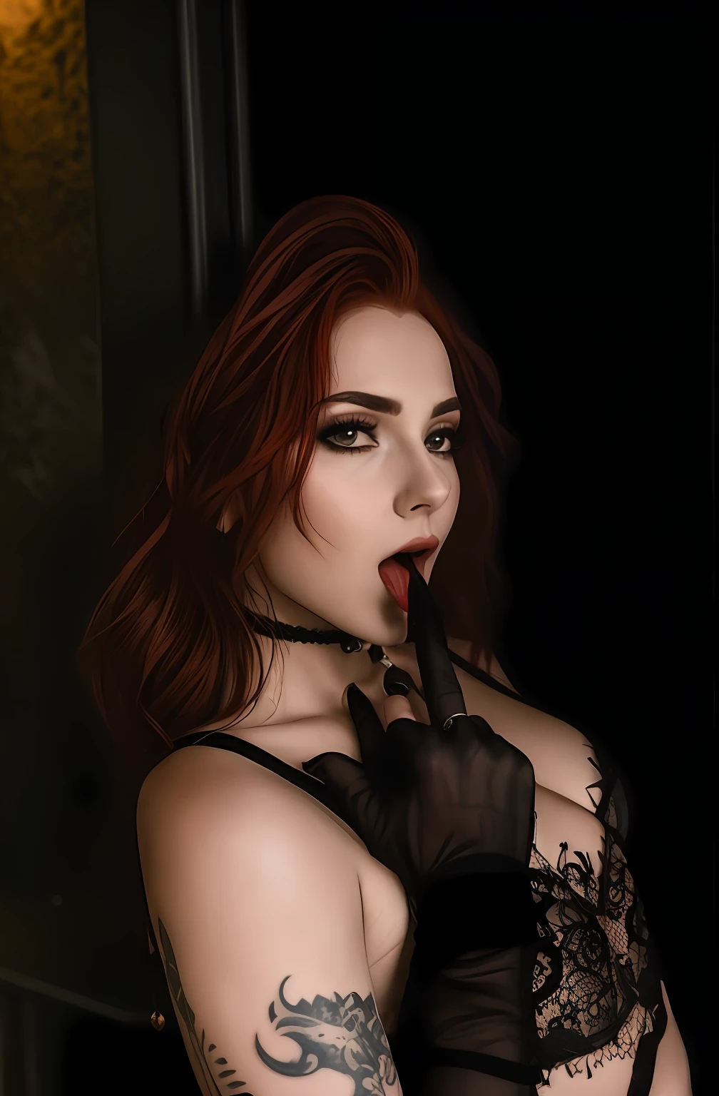 There is a woman with red hair and tattoos on her chest, gothic horror vibes, com a boca aberta, Lilith, Sensual expression, Amouranth, androgynous vampire, Tongue out, inspirado em Elsa Bleda, Retrato de uma senhora vampira, Sensual, prestes a consumi-lo, boca aberta, inspirado em Hedi Xandt, sexy gaze