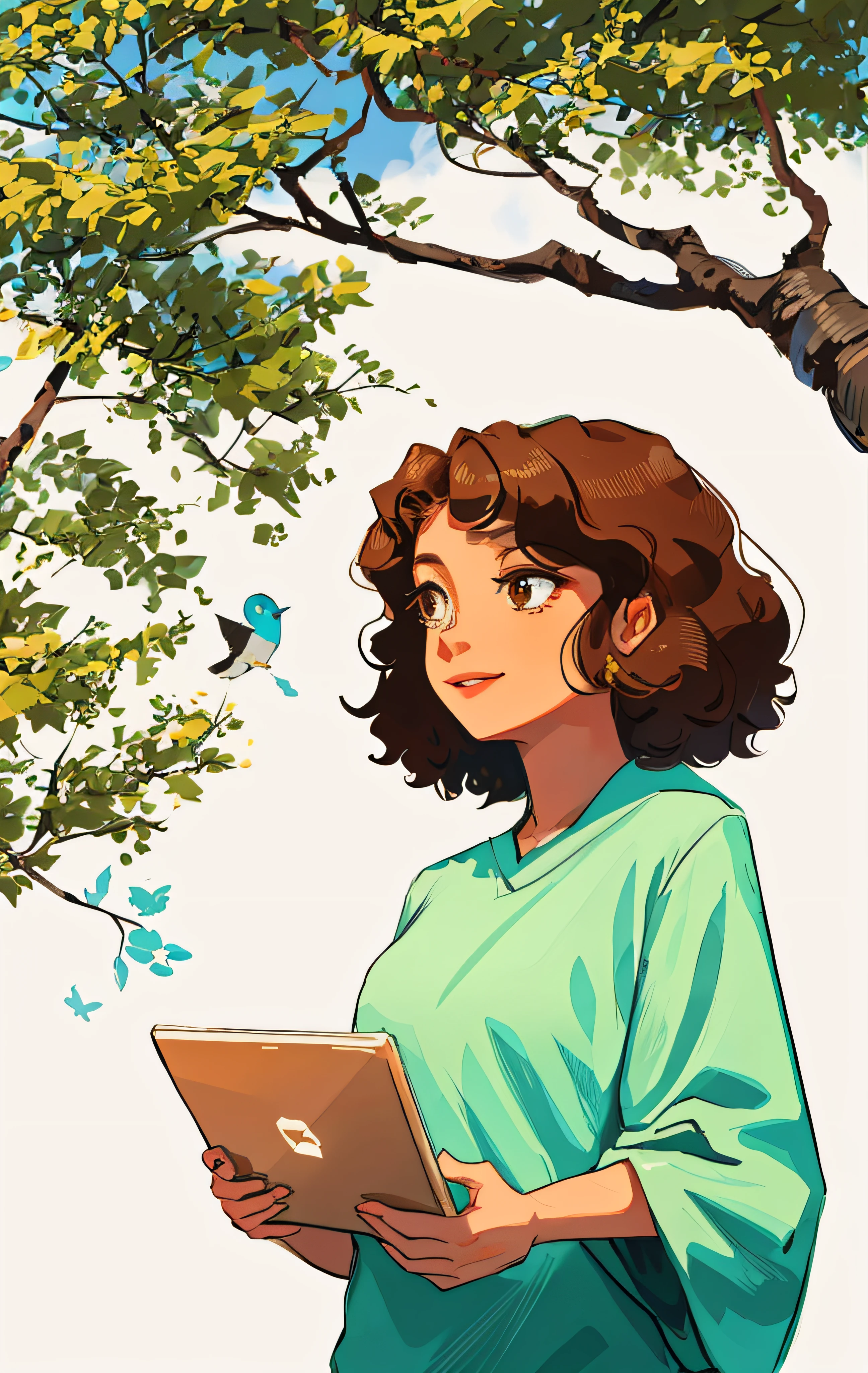garota,✨ glasses,✨ brown hair,✨ curly hair,✨ short hair,✨ sentado,✨ celular,✨ Criativo,✨ foco facial,✨ next to a tree.