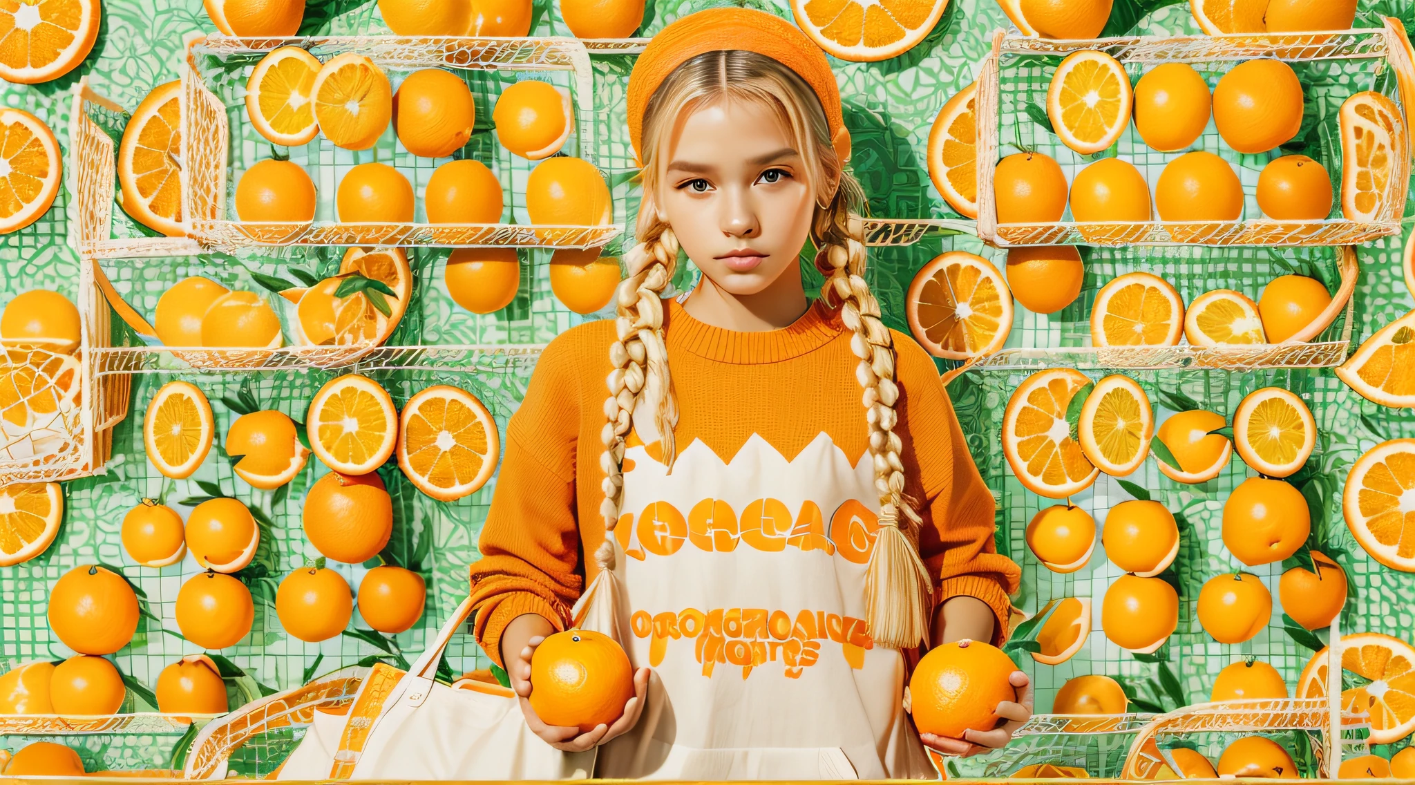 There's a blonde child girl in braids holding a bag of oranges and a bag of oranges, na frente de um fundo laranja, Editorial Oficial da Versace, modelo, teddy fresh, imagem retrato.