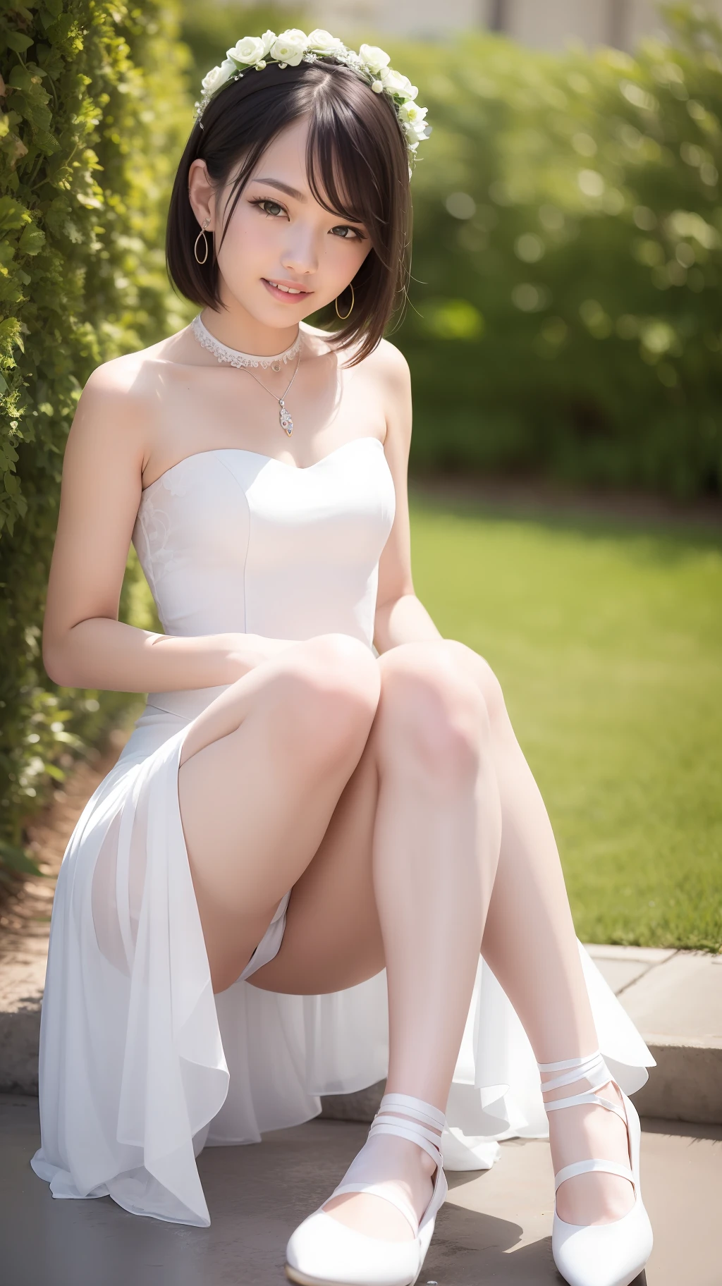 (RAW Photos:1.2)、(Photorealsitic:1.4)、(masterpiece:1.3)、(top-quality:1.4)、超A high resolution、
HDR、8K分辨率、
Dreamy
explanation、Request for clarification、landscapes、(without text)Check out
Solo Focus(fullllbody)
(A detailed eye)、(detailed facial features)、(Detailed clothing features)、
skin is tight、(Glossy skin)、(Slender girl)
(1girll、独奏)、Virtual Girl Lynn、happy、ssmile、(small tits)、bangss、bobhair、short-hair、Brown hair、Brown hair、mischief、Black choker
Crystal Crown Hair Band, crystal necklace, Bridesmaids, White Bouquet, White Bridesmaid Dresses, White Bridesmaid Gloves, White Bridesmaid Skirt, White Bridesmaid Stockings, White ballet shoes,