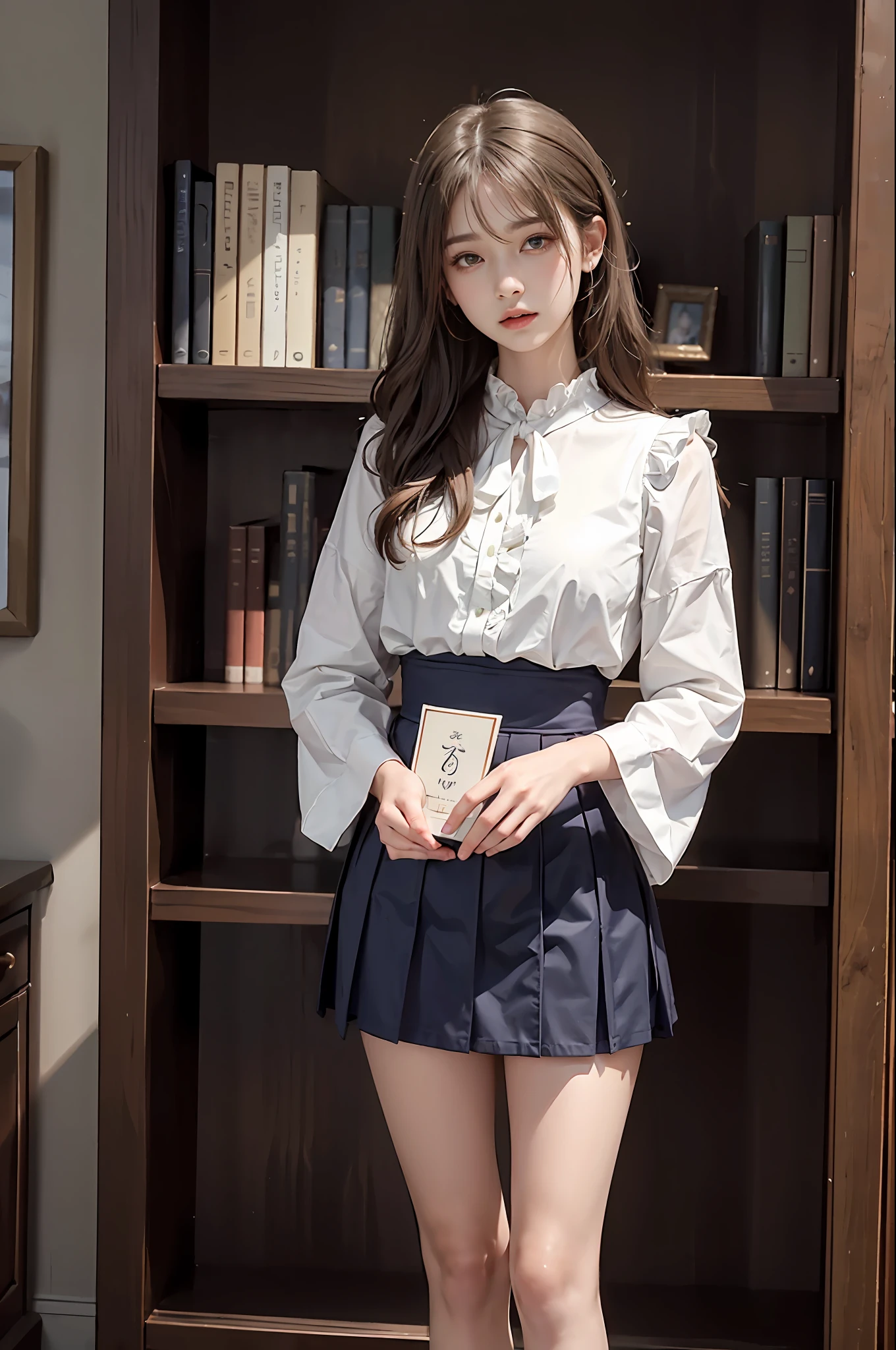 30-year-old woman with、(hi-top fade:1.3)、length hair、Dark theme、Soothing tones、Subdued Color、highly contrast、(natural skin textures、Hyper-Realism、Soft light、sharp)、Capture the serene beauty of a young woman immersed in the peaceful atmosphere of the library。Soft diffused lighting gently illuminates her features、Emphasis on her delicate expression、Creates a quiet atmosphere。Library shelves full of books、Provides a background of knowledge and wisdom。Focus on capturing the natural charm and elegance of models、Maintains the essence of calm and reflective moments。Lovely 21-year-old Japan gravure model with soft, wavy gray-brown hair adorned with ribbons、You will be captivated with a seductive look。(White blouse with ruffles、Blue skirt with ruffles、I'm wearing white ankle socks with ruffles。Standing in front of a bookshelf、Exudes a melancholic charm)、Create a scene where beauty and ephemerality intertwine。