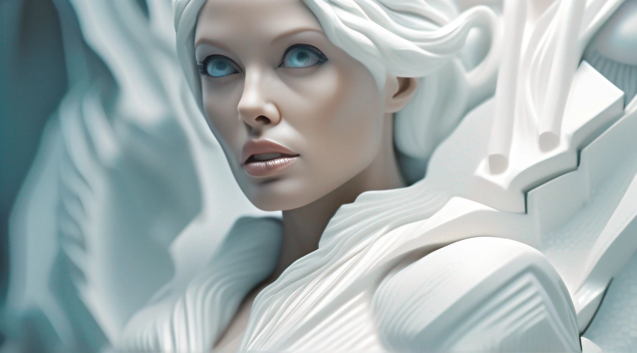 An impressive and intricate white statue of a woman's upper body, Angelina Jolie, ((feito de pedra)), Cabelos Longos, Epic character composition, Por Ilya Kuvshinov, alessio albi, Nina Masic, foco nítido, natural lightting, subsurface dispersion, f2, 35 mm, Grain Film