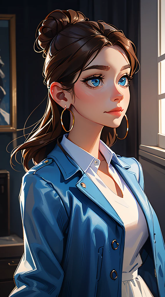 The environment is blurry and elegant, Model, High contrast required, jewels, earings, Upskirt, Shirt, jacket, brown hair, white shirt, A bracelet, hair bun, single hair bun, long skirt, closed mouth, Hoop earrings, blue jacket, sleeves rolled up, Revealing clothes, makeup, white skirt, Detailed hair, very detailed eyes