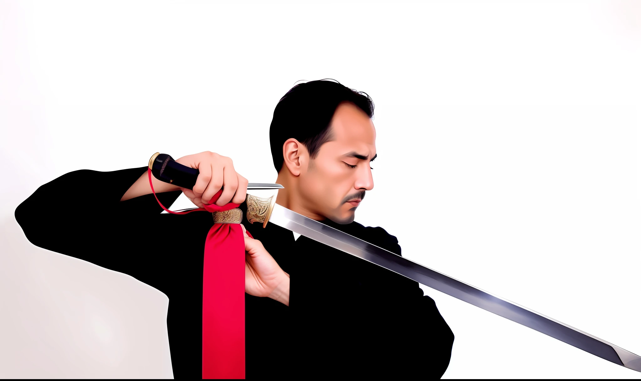 There is a man holding a sword with a red ribbon around it, segurando uma espada espetacular, segurando uma espada samurai, segurando uma espada larga, com espada grande, segurando katana, empunhando uma katana, segurando espada, segurando espada larga, espadachim, empunhando uma espada, segurando sabre, Empunhando uma espada Keris, segurando uma espada, segurando uma katana