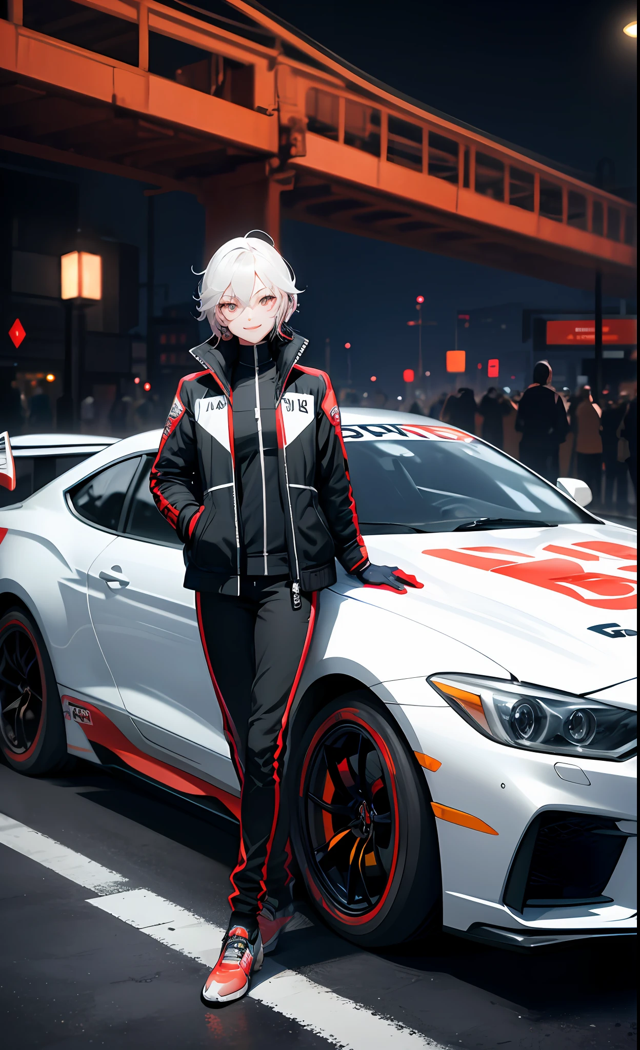 masterpiece, best quality, leaning against car, underground street racing, oversized racing jacket, racing gloves, oversized clothes, night, glow, glowing, close-up, smug, (smile:0.8)