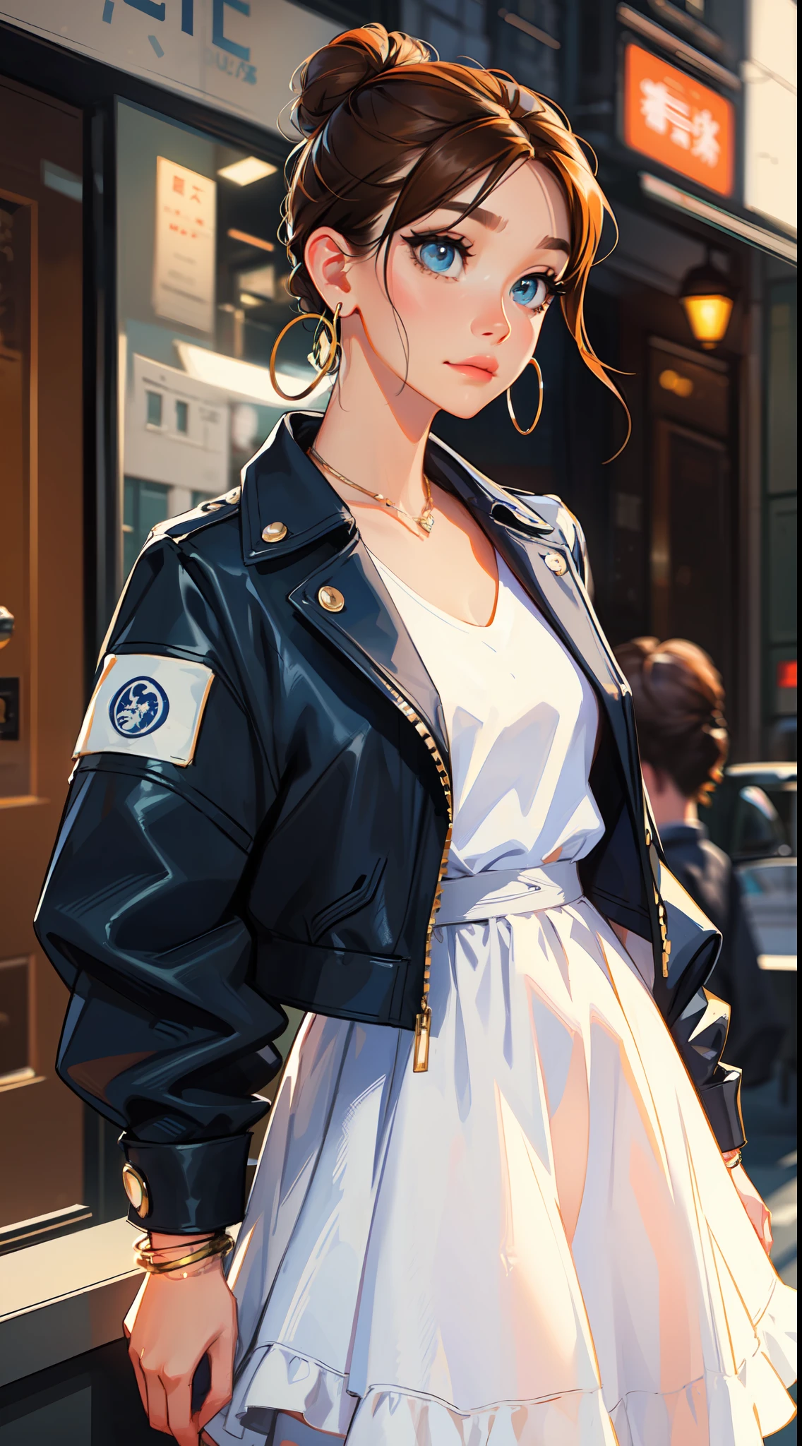 The environment is blurry and elegant, Model, High contrast required, jewels, earings, Upskirt, Shirt, jacket, brown hair, white  shirt, A bracelet, hair bun, single hair bun, long skirt, closed mouth, Hoop earrings, blue jacket, sleeves rolled up, Revealing clothes, makeup, white skirt, Detailed hair, very detailed eyes
