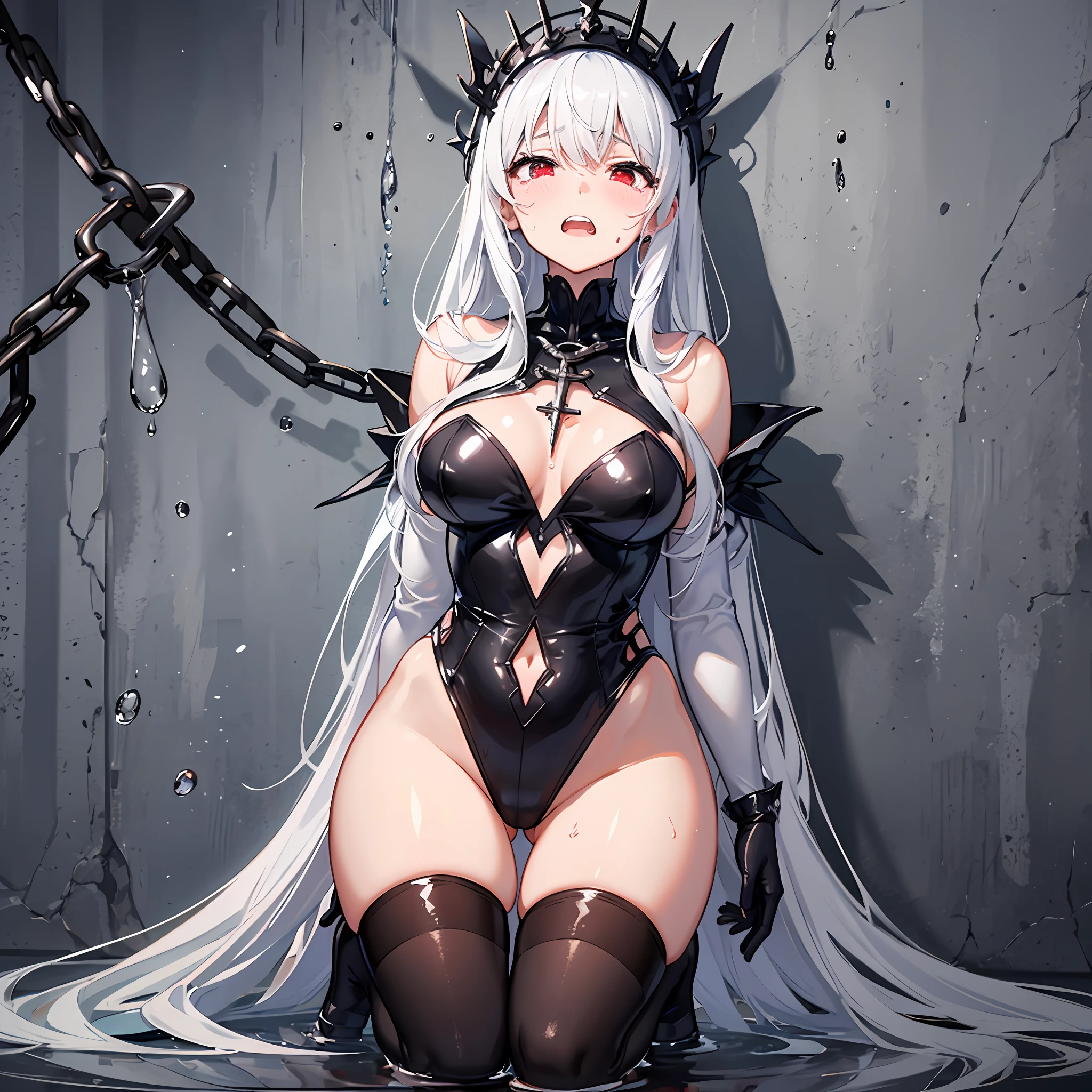 Black cloak、white leotard、White Long Gloves、White long boots、long black and blue hair、Tears、red blush、arms behind back、Red Eyes、prison、Clenching teeth、One girl、Bang、Hand flail、fetters、Crucifixion on the wall、full body seen、Crying、Opening legs、Water droplets on the cheeks、Water droplets on the thighs、The floor is wet、gargantilha、chains、The sides are visible、Bump your chest against the wall、Capture the anterior buttocks、Up to the knee、Her body is facing the direction of the wall、The sheen