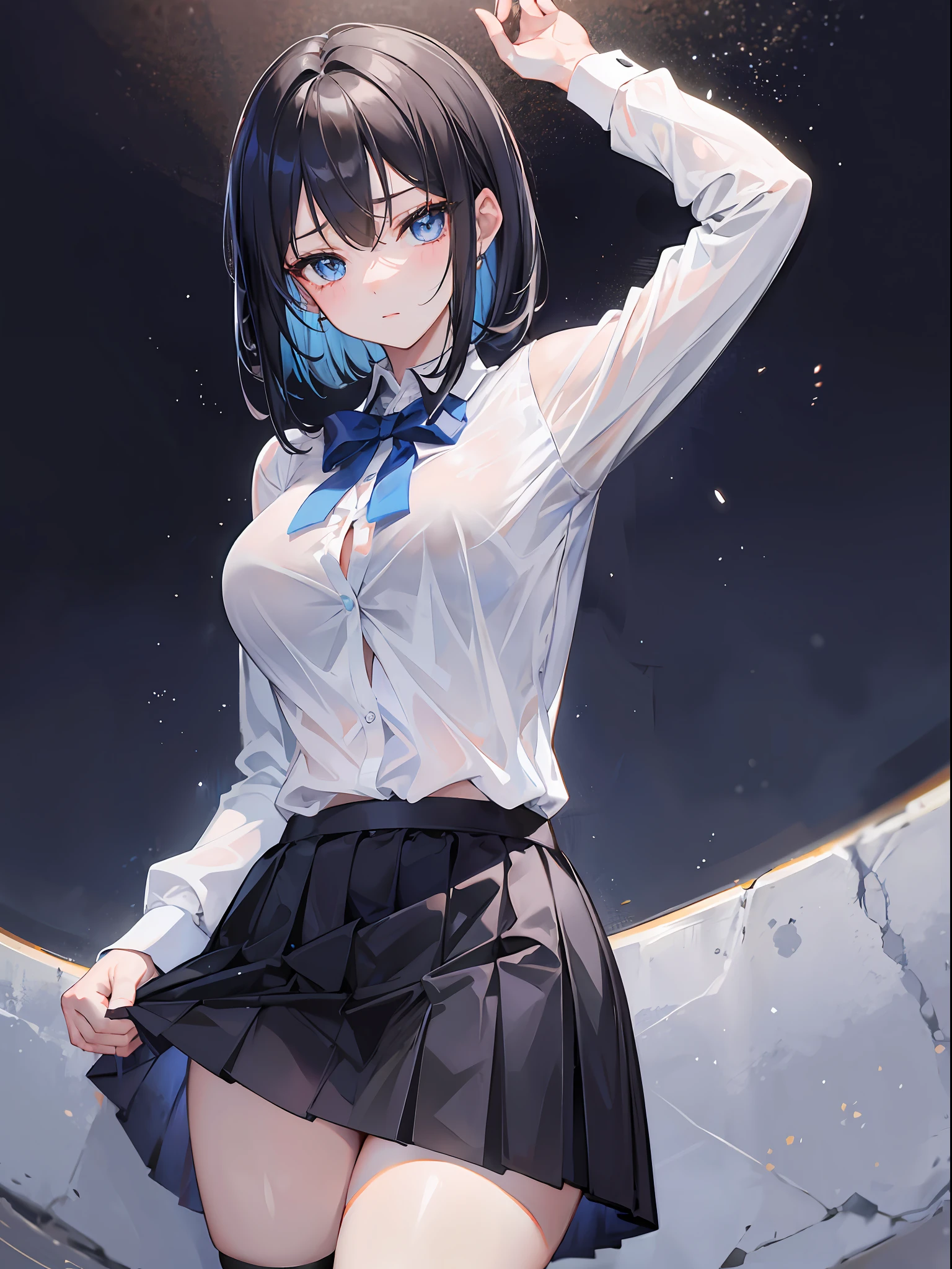 8K, Attractive, intensely detailed, 20 Year Old Girl, sexy and attractive woman with dark, black hair. She has beautiful sky-blue eyes with a heart inside. She is dressed in white, short and unbuttoned shirt. She is wearing a blue miniskirt. Her skirt is lifted up, and from under the skirt we see sexy, black lace panties with bow.