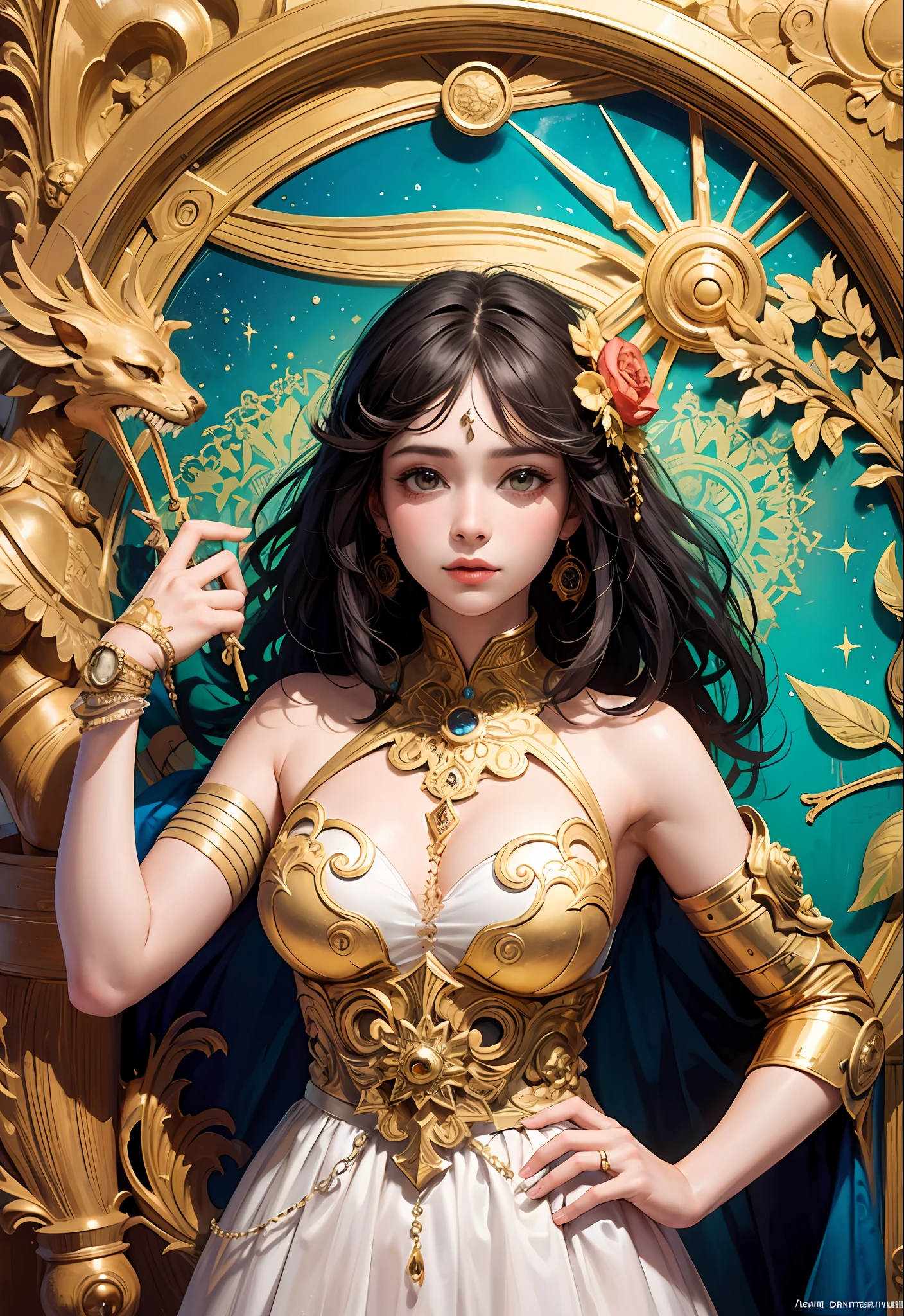 (masterpiece, top quality, best quality, official art, beautiful and aesthetic:1.2), (1girl), extreme detailed,colorful,highest detailed, official art, unity 8k wallpaper, ultra detailed, beautiful and aesthetic, beautiful, masterpiece, best quality, (zentangle, mandala, tangle, entangle) ,holy light,gold foil,gold leaf art,glitter drawing, PerfectNwsjMajic