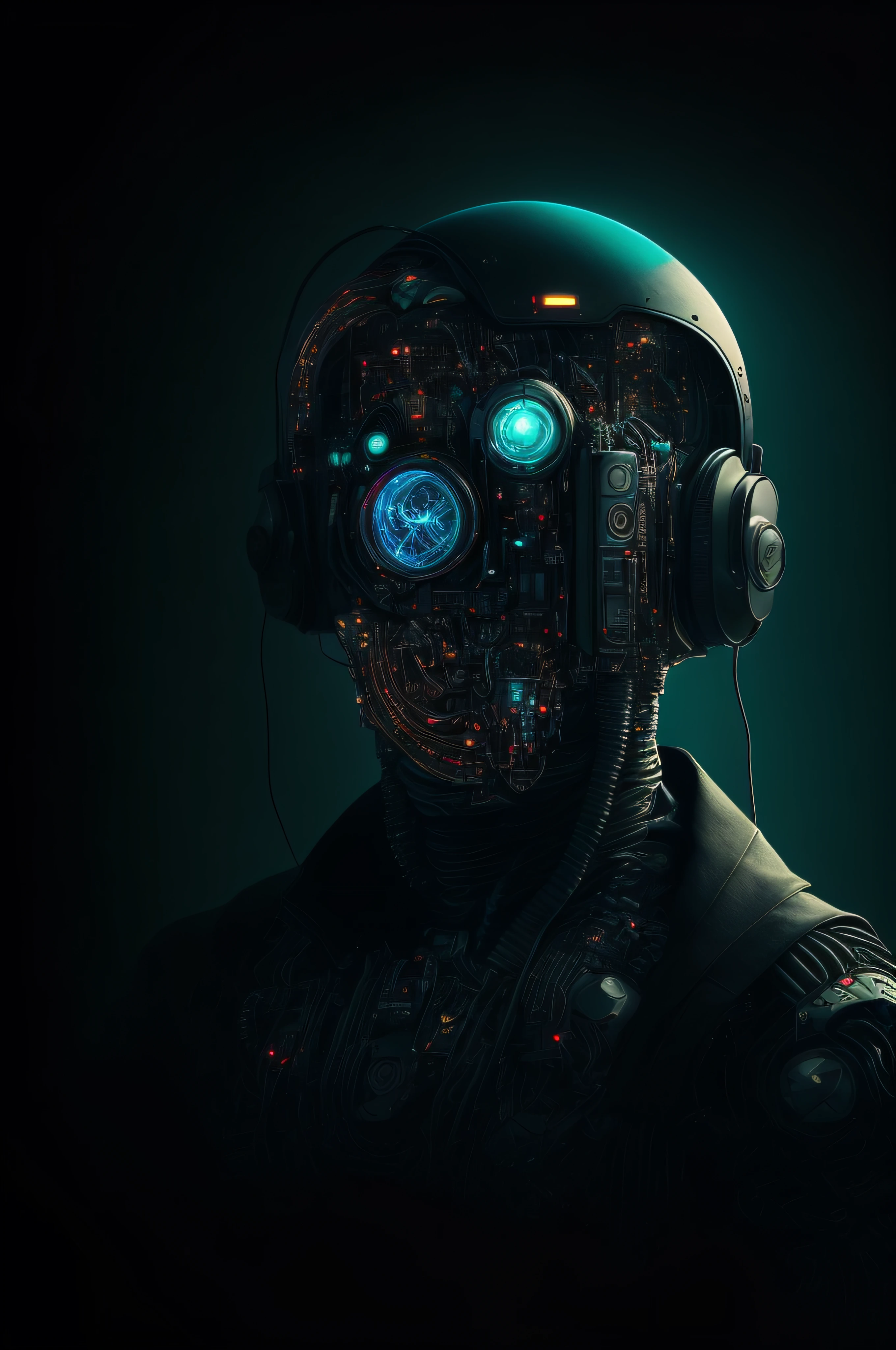 RZ88MKULTR4, primer plano de un cyborg tocando sintetizadores futuristas, tendencia en Artstation, ultra realista, ultra detallado, detalles cyberpunk, Heavy black neon and depth blue low-angle camera, 24 mm, f1.8, fondo un telon de cables y cortocircuitos