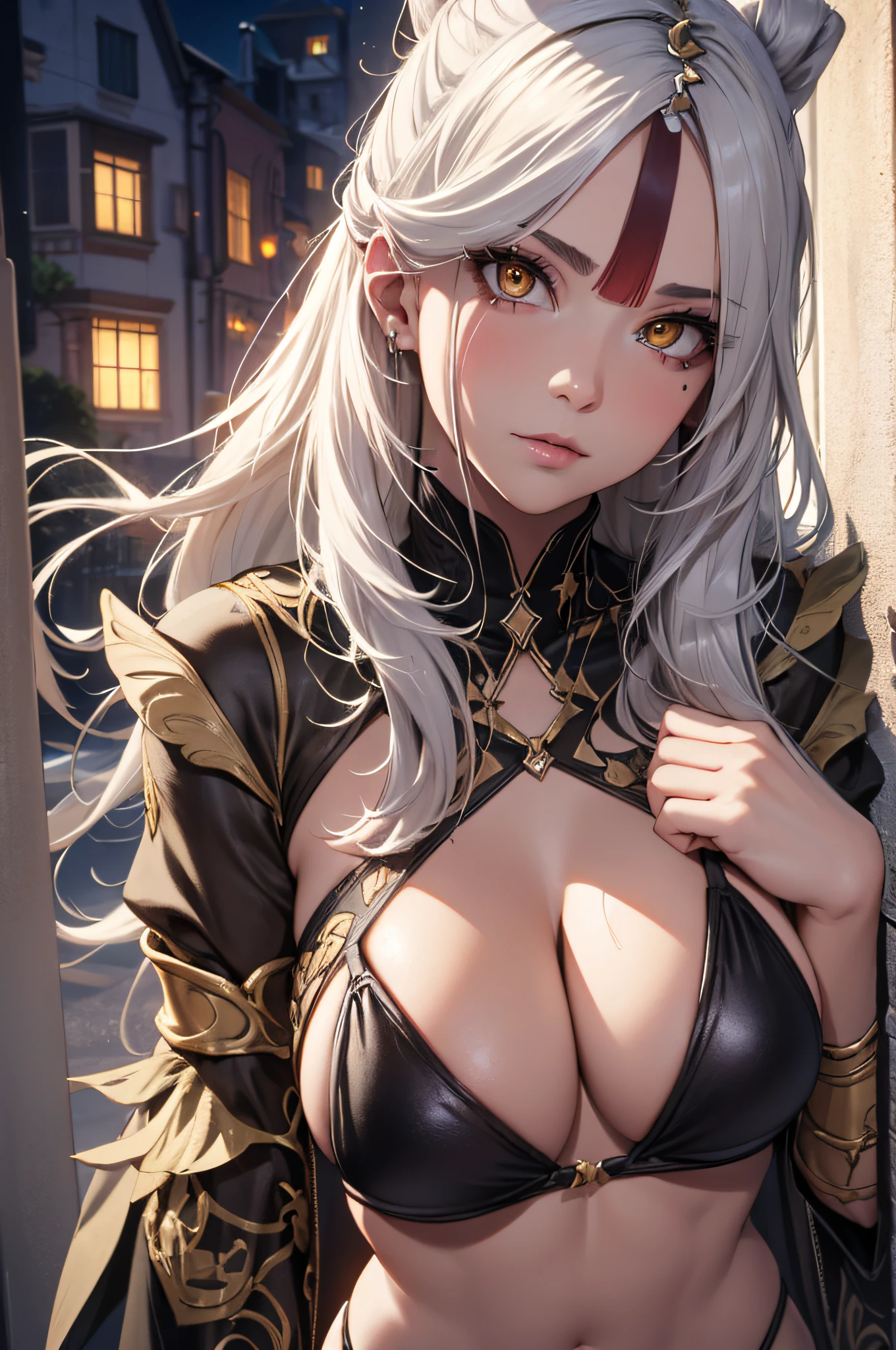 16K, RTX, HDR, extremely high details, intricate, professional makeup, closeup shot, best quality, masterpiece, night time, 1woman, solo, mature, cool, edgy, muscular, sexy golden micro bikini top, glowing eyes, silver long hair, smooth skin, big boobs, cleavage, ((extremely slutty)).