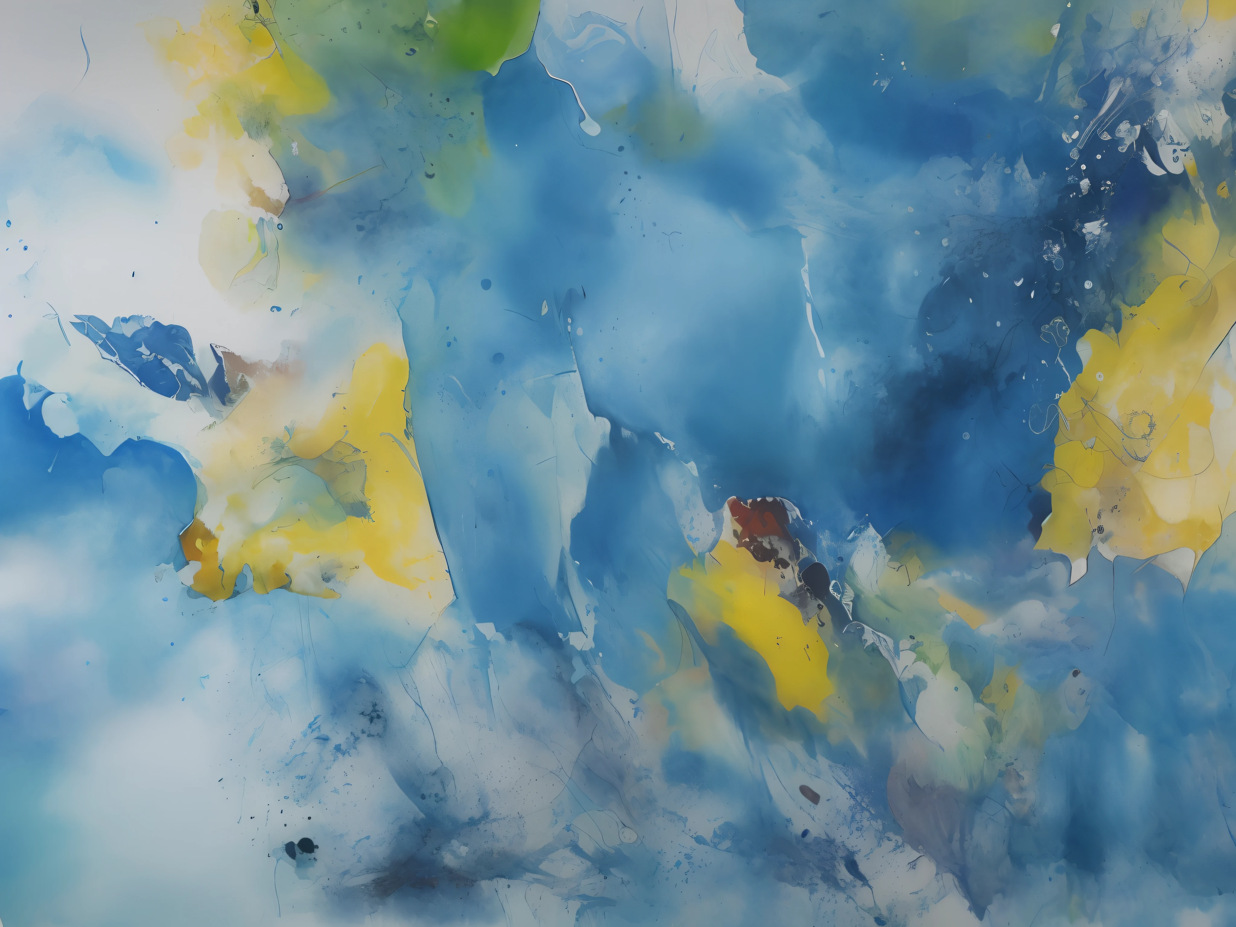 pintura de uma pintura azul e amarela com uma estrela vermelha e amarela, textura abstrata do tecido da pintura, manchas abstratas de cor de tinta, stained acrylic paint, pittura metafisica, pintura abstrata. 8k, um fundo espiritual abstrato, deep blue water color, Aquarelas sobre tela, pintura abstrata, pintura em aquarela vibrante, textura em aquarela, cores azuis ricas