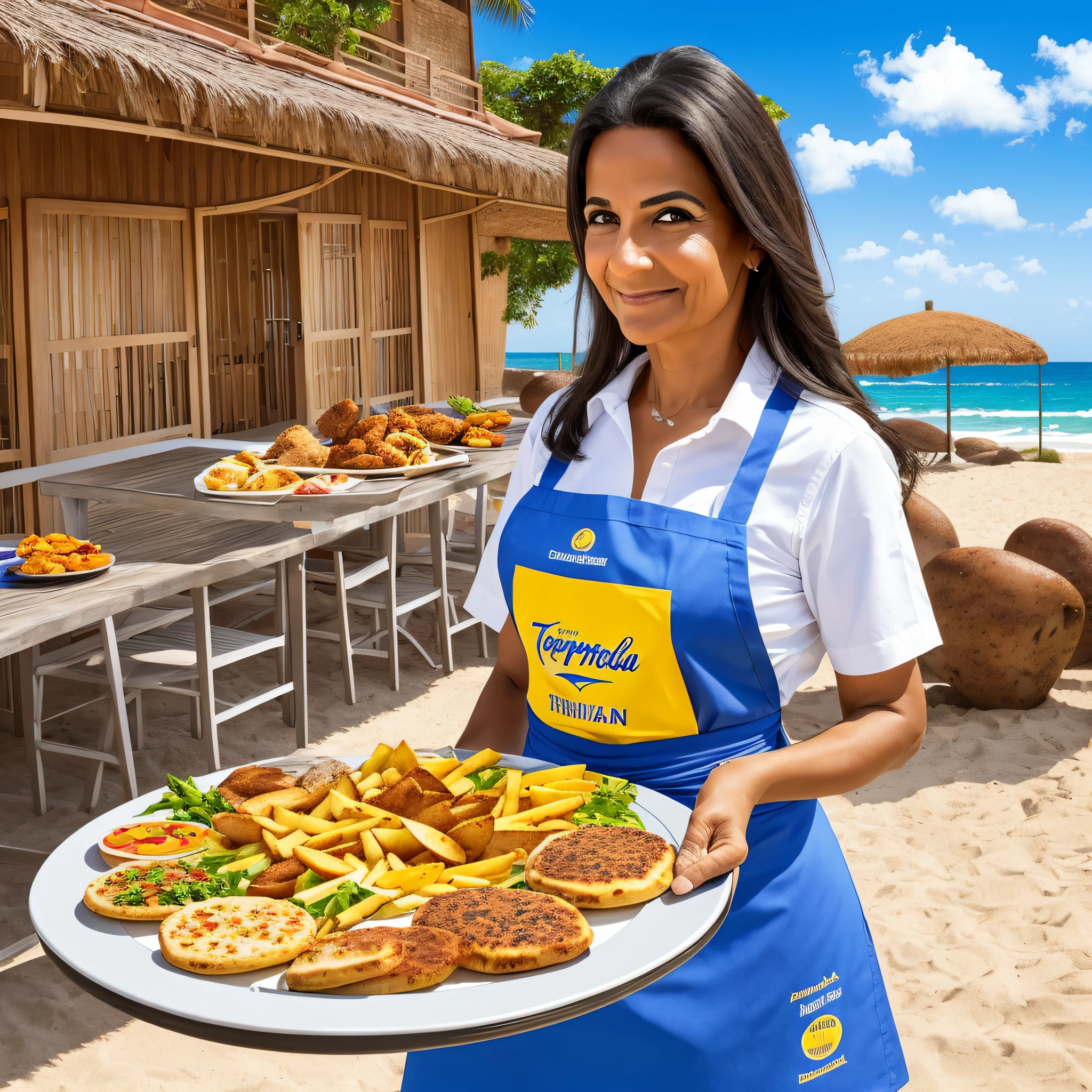 Create an art of a woman, brunette, rounded face, black and gray hair, light brown skin. 48 years old, Brazilian, capixaba, wearing a cafeteria apron, looking at the camera, holding a tray of fried chicken, fried snacks, mini pizzas, potato wedges and a cola. The food tray should be placed in the center of the frame. The image should have the logo of the restaurant Tempero Praiano, using vibrant colors in blue and yellow resembling beach, blue sky and sea --auto --s2