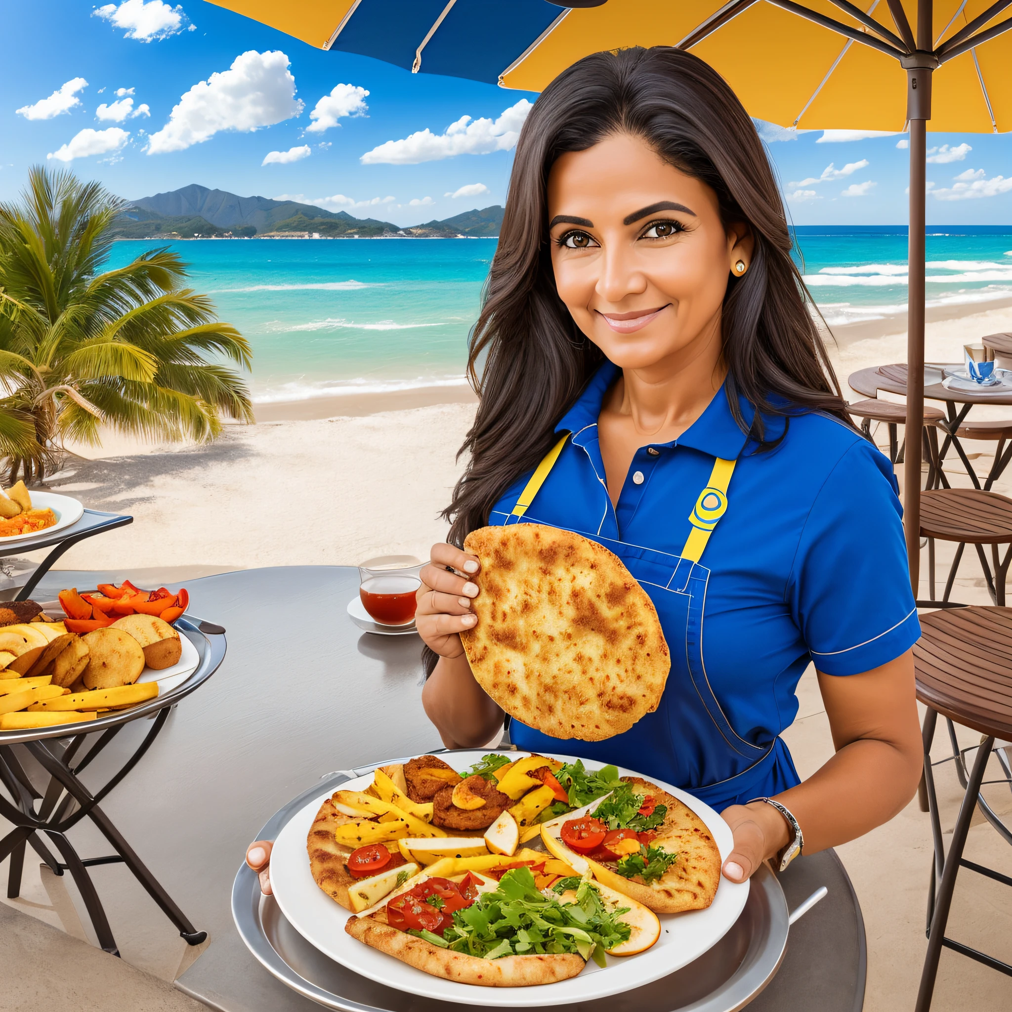 Create an art of a woman, brunette, rounded face, black and gray hair, light brown skin. 48 years old, Brazilian, capixaba, wearing a cafeteria apron, looking at the camera, holding a tray of fried chicken, fried snacks, mini pizzas, potato wedges and a cola. The food tray should be placed in the center of the frame. The image should have the logo of the restaurant Tempero Praiano, using vibrant colors in blue and yellow resembling beach, blue sky and sea --auto --s2