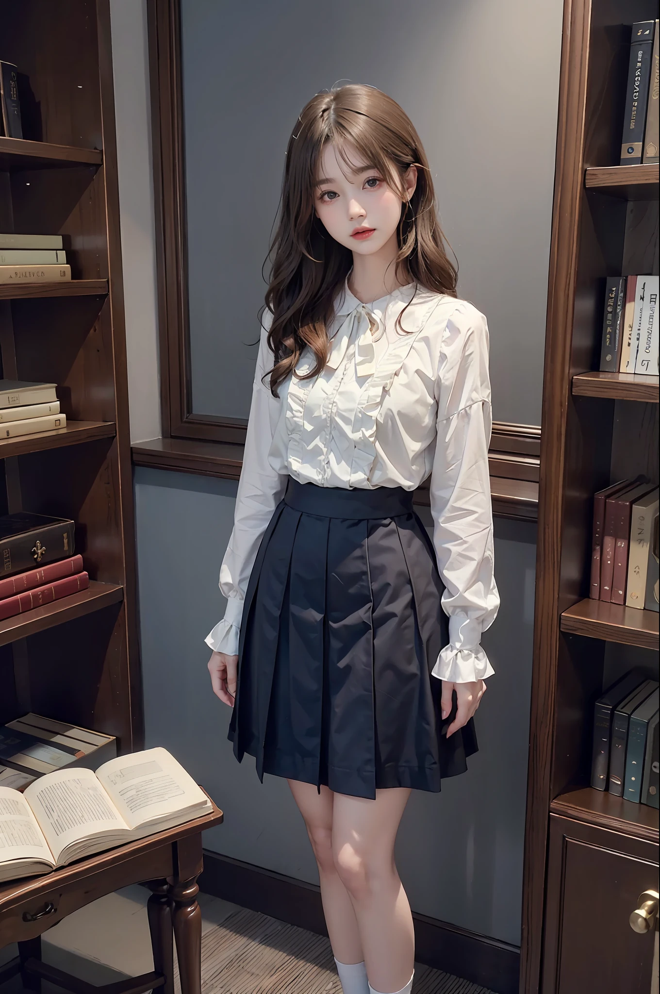 30-year-old woman with、(hi-top fade:1.3)、length hair、Dark theme、Soothing tones、Subdued Color、highly contrast、(natural skin textures、Hyper-Realism、Soft light、sharp)、Capture the serene beauty of a young woman immersed in the peaceful atmosphere of the library。Soft diffused lighting gently illuminates her features、Emphasis on her delicate expression、Creates a quiet atmosphere。Library shelves full of books、Provides a background of knowledge and wisdom。Focus on capturing the natural charm and elegance of models、Maintains the essence of calm and reflective moments。Lovely 21-year-old Japan gravure model with soft, wavy gray-brown hair adorned with ribbons、You will be captivated with a seductive look。(White blouse with ruffles、Blue skirt with ruffles、I'm wearing white ankle socks with ruffles。Standing in front of a bookshelf、Exudes a melancholic charm)、Create a scene where beauty and ephemerality intertwine。