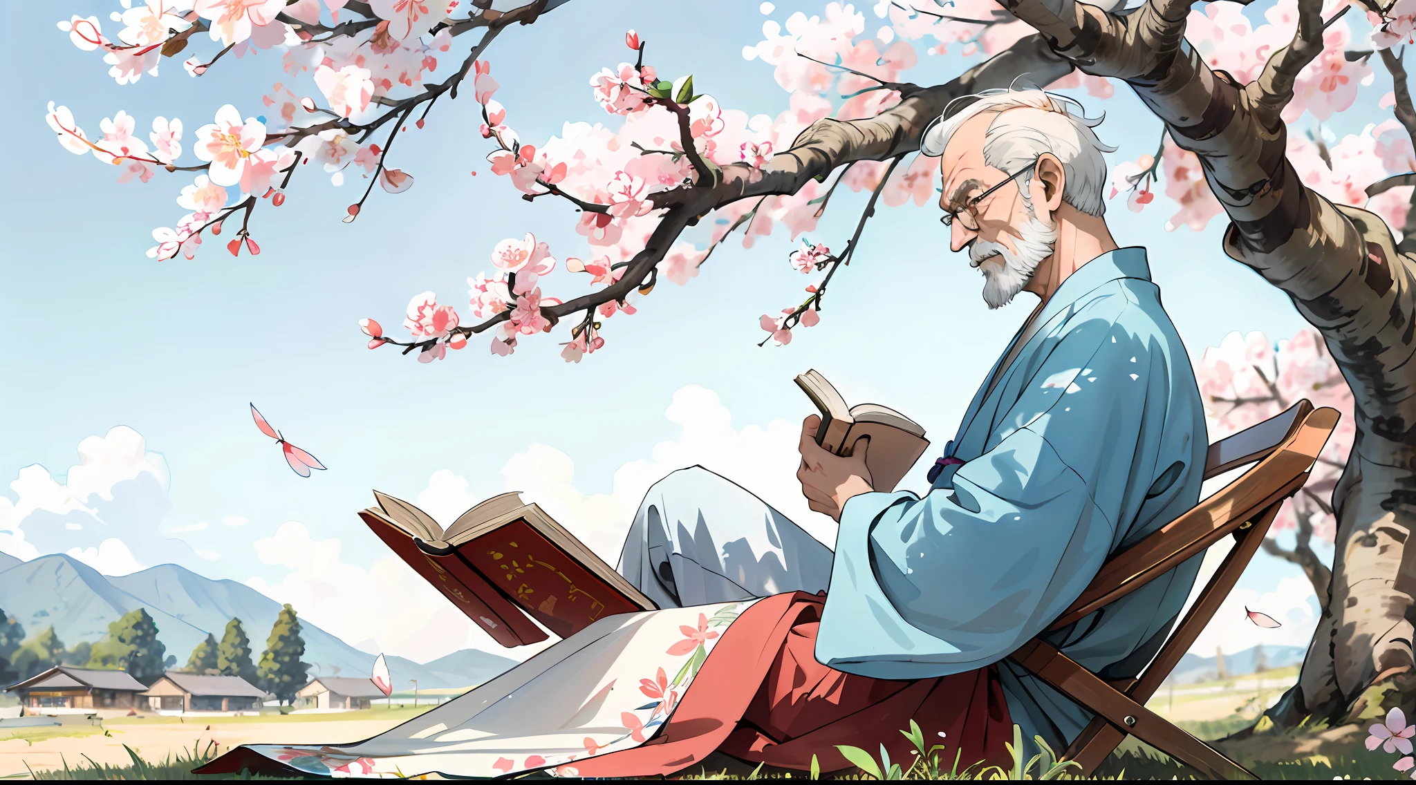 absurdres, highres, ultra detailed, (1man:1.3), hand drawn, simple line, a 70yo old man  in colorful Hanfu, sitting under the peach blossom tree, masterpiece, sunny day, reading book, look at the book