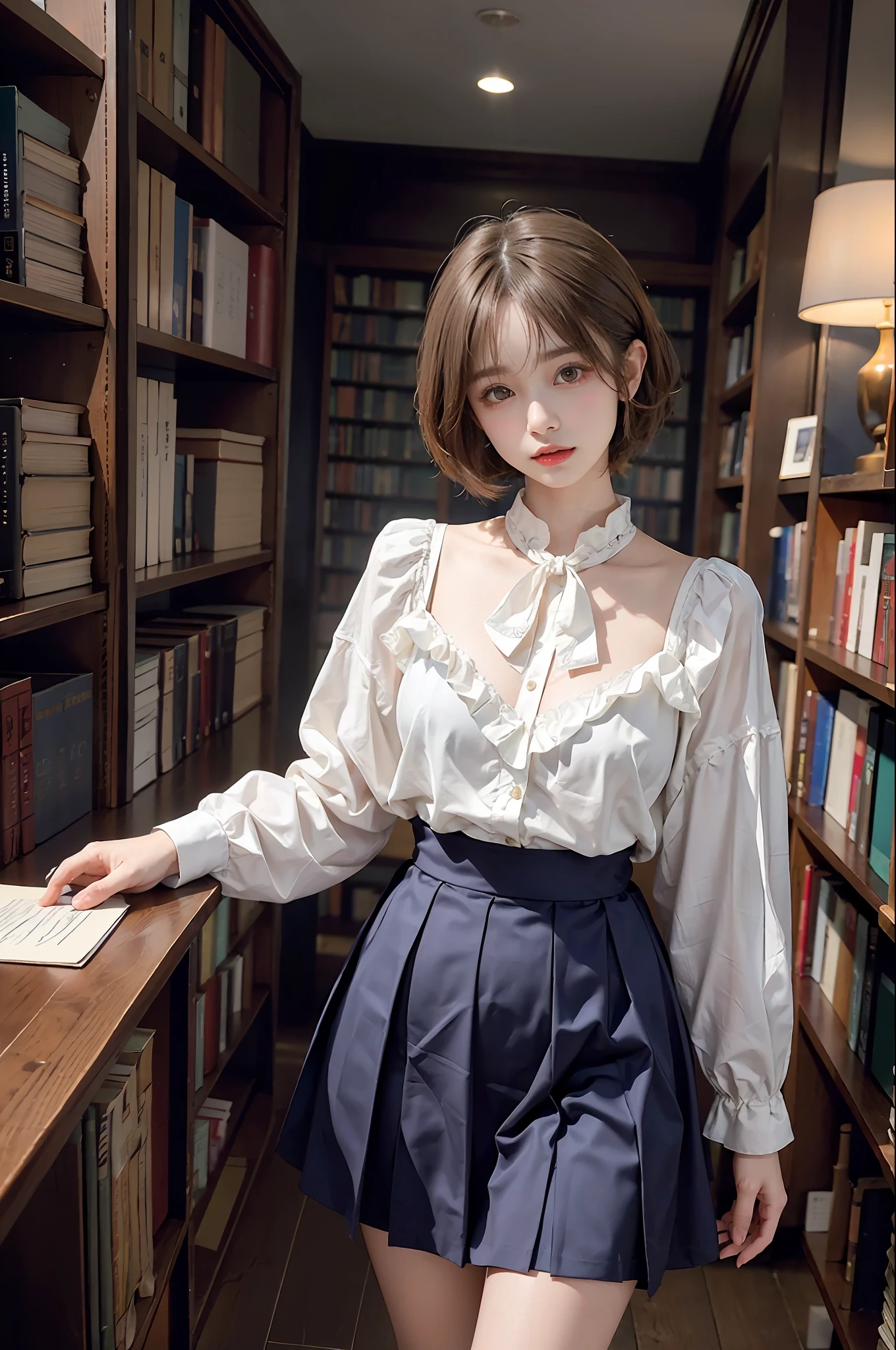 30-year-old woman with、(hi-top fade:1.3)、length hair、Dark theme、Soothing tones、Subdued Color、highly contrast、(natural skin textures、Hyper-Realism、Soft light、sharp)、Capture the serene beauty of a young woman immersed in the peaceful atmosphere of the library。Soft diffused lighting gently illuminates her features、Emphasis on her delicate expression、Creates a quiet atmosphere。Library shelves full of books、Provides a background of knowledge and wisdom。Focus on capturing the natural charm and elegance of models、Maintains the essence of calm and reflective moments。Lovely 21-year-old Japan gravure model with soft, wavy gray-brown hair adorned with ribbons、You will be captivated with a seductive look。(White blouse with ruffles、Blue skirt with ruffles、I'm wearing white ankle socks with ruffles。Standing in front of a bookshelf、Exudes a melancholic charm)、Create a scene where beauty and ephemerality intertwine。