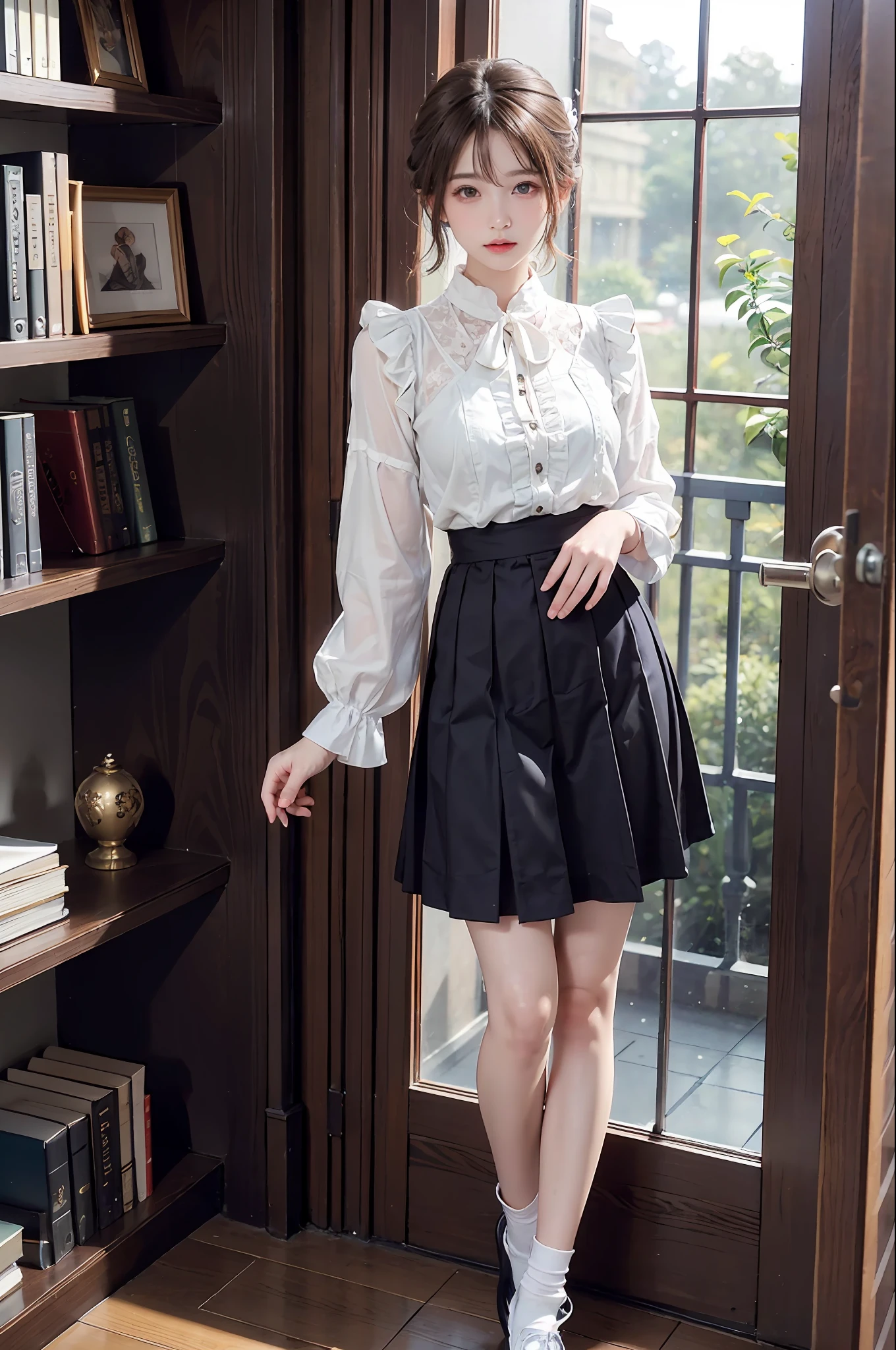 30-year-old woman with、(hi-top fade:1.3)、length hair、Dark theme、Soothing tones、Subdued Color、highly contrast、(natural skin textures、Hyper-Realism、Soft light、sharp)、Capture the serene beauty of a young woman immersed in the peaceful atmosphere of the library。Soft diffused lighting gently illuminates her features、Emphasis on her delicate expression、Creates a quiet atmosphere。Library shelves full of books、Provides a background of knowledge and wisdom。Focus on capturing the natural charm and elegance of models、Maintains the essence of calm and reflective moments。Lovely 21-year-old Japan gravure model with soft, wavy gray-brown hair adorned with ribbons、You will be captivated with a seductive look。(White blouse with ruffles、Blue skirt with ruffles、I'm wearing white ankle socks with ruffles。Standing in front of a bookshelf、Exudes a melancholic charm)、Create a scene where beauty and ephemerality intertwine。