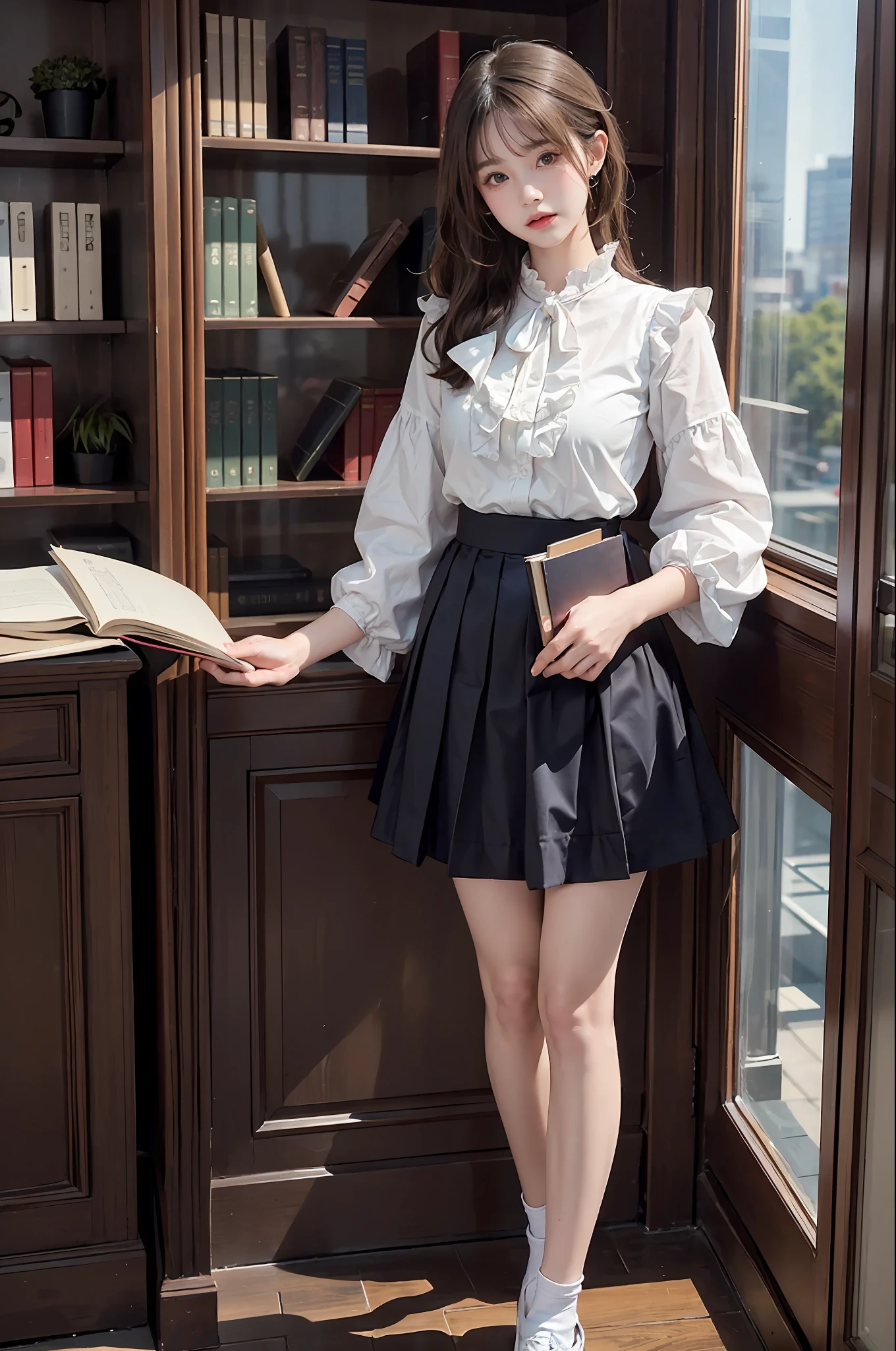 30-year-old woman with、(hi-top fade:1.3)、length hair、Dark theme、Soothing tones、Subdued Color、highly contrast、(natural skin textures、Hyper-Realism、Soft light、sharp)、Capture the serene beauty of a young woman immersed in the peaceful atmosphere of the library。Soft diffused lighting gently illuminates her features、Emphasis on her delicate expression、Creates a quiet atmosphere。Library shelves full of books、Provides a background of knowledge and wisdom。Focus on capturing the natural charm and elegance of models、Maintains the essence of calm and reflective moments。Lovely 21-year-old Japan gravure model with soft, wavy gray-brown hair adorned with ribbons、You will be captivated with a seductive look。(White blouse with ruffles、Blue skirt with ruffles、I'm wearing white ankle socks with ruffles。Standing in front of a bookshelf、Exudes a melancholic charm)、Create a scene where beauty and ephemerality intertwine。