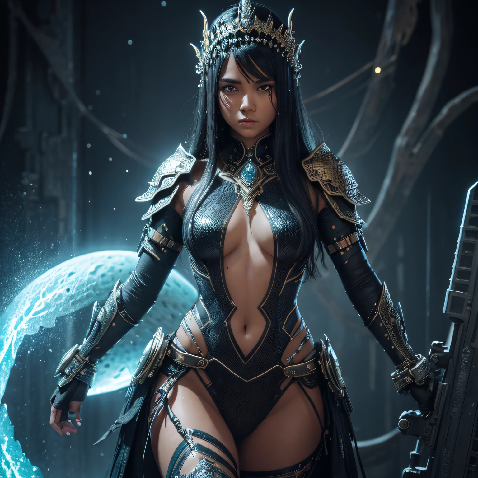 young brazillian girl, snake scales in skin, black hair, full body, cover, hyperdetailed painting, luminism, Snake eyes, Bar lighting, complex, 4k resolution , realistic native face, fractal isometrics details bioluminescens : a stunning realistic photograph 30 years , awesome with bones tiara of wet bone structure, 3d render, octane render, intricately detailed, titanium decorative headdress, cinematic, trending on artstation | Isometric | Centered hipereallistic cover photo awesome full color, hand drawn, dark, gritty, hit definition , cinematic, Rough sketch, mix of bold dark lines and loose lines, bold lines, on paper , full body with halloween dress, humanoid, detailed neckline, correct human neck distance, realistic moon, full body --auto