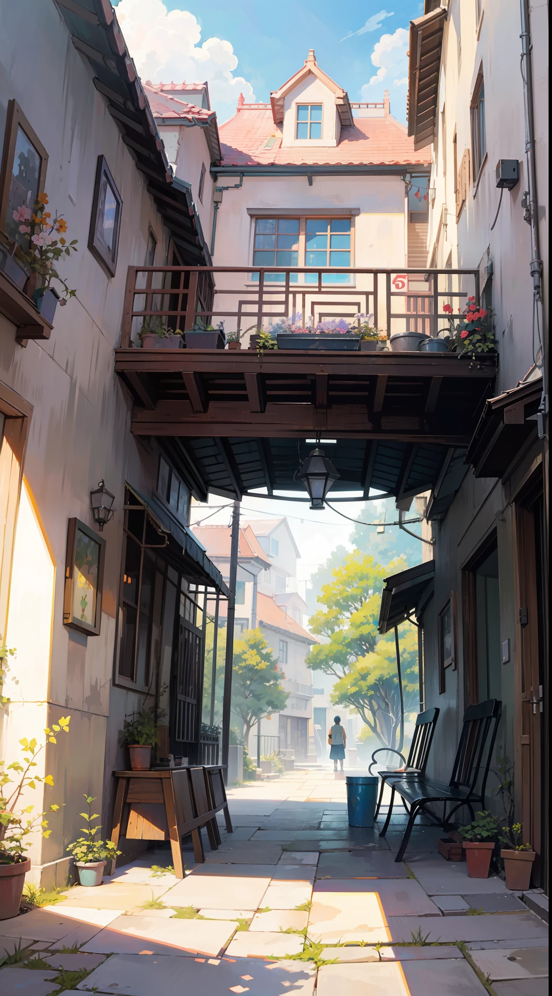 painting of a courtyard with a table and chairs and a bench, anime background art, relaxing concept art, anime scenery concept art, immensely detailed scene, a beautiful artwork illustration, detailed scenery —width 672, studio ghibli environment, highly detailed scene, environment design illustration, beautiful anime scene, ghibli studio style, anime scenery, detailed soft painting, environment painting