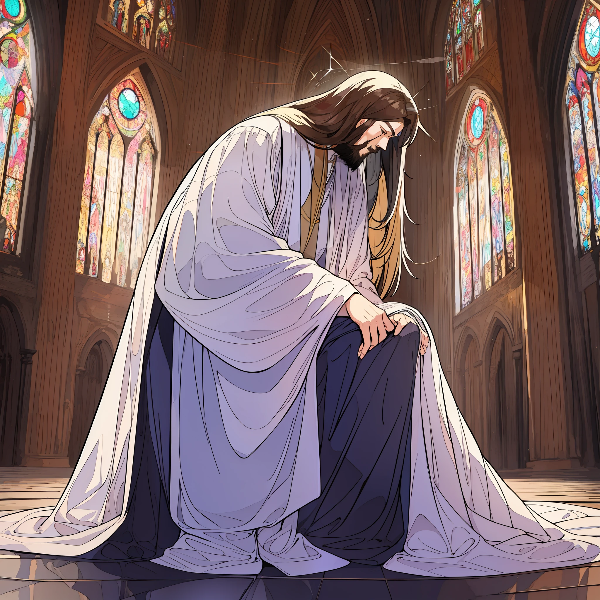 Jesus Christ, male, holy, Jesus, Christ, in beautiful white robes, long hair, beard