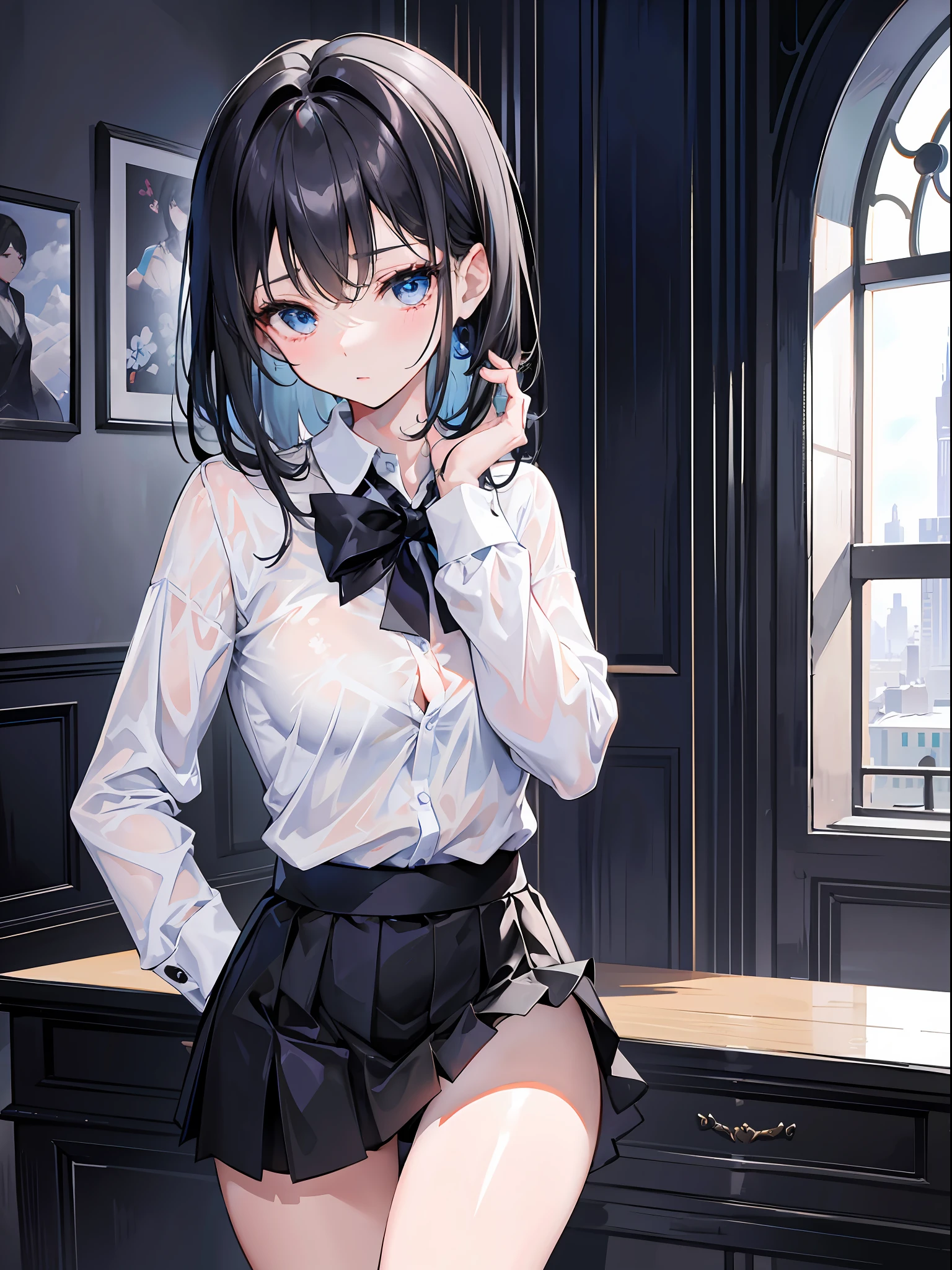 8K, Attractive, intensely detailed, 20 Year Old Girl, sexy and attractive woman with dark, black hair. She has beautiful sky-blue eyes with a heart inside. She is dressed in white, short and unbuttoned shirt. She is wearing a blue miniskirt. Her skirt is lifted up, and from under the skirt we see sexy, black lace panties with bow. A sexy body is visible, abdomen in particular.