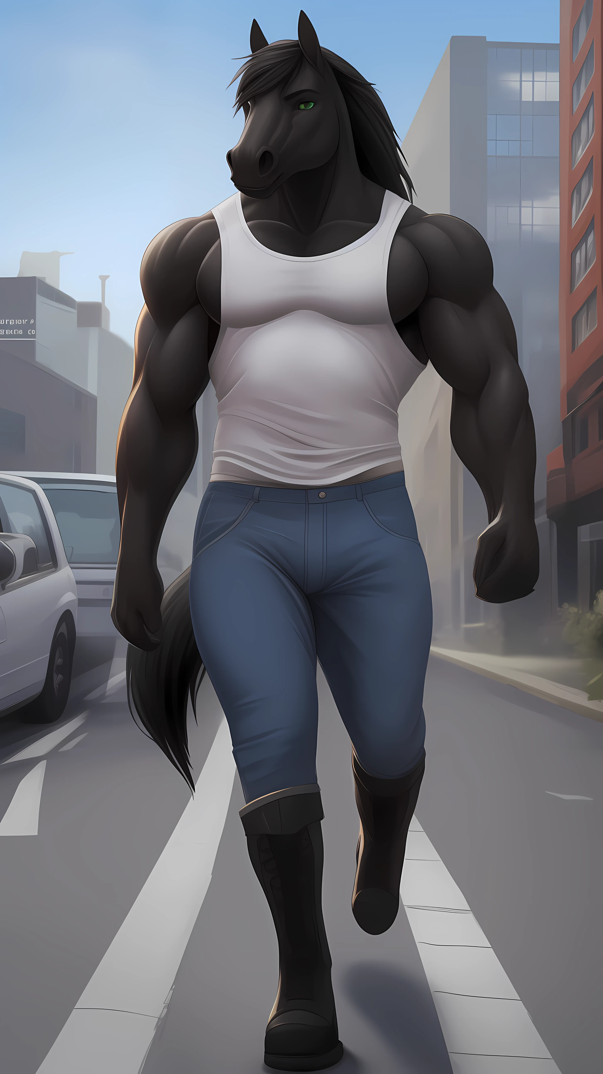 black anthro equine, front view, looking to the horizon, Anthro ((perfect anatomy)), big butt, with blue jeans short ((photorealistic)), with bulge, male, on mid of city, walking on street, massive muscled male ((Good anatomy)), long black hair, (detailed green eyes), beautiful fur, HDR, 45mm, [[t-shirt]] (white Gym Muscle tank top Y) midday, modern city, buildings, a car in the background, contour light, black high boots, horse tail