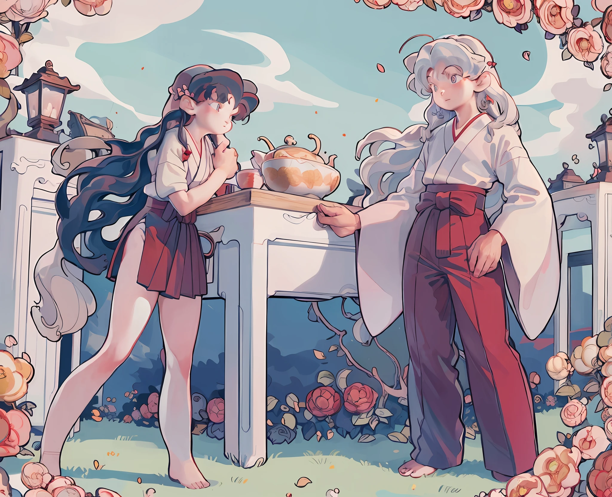 (1boy:1.5), outdoors, red kimono, (inuyasha:1.5) cat ears, (red hakama:1.5)anime couple, long hair, outdoors, sky, cherry blossoms, blue sky, standing,  bow, tree, cute, stars, clouds, (golden fishes, Pisces), masterpiece, best quality, masterpiece, best quality, cute, under tall trees, forest flowers, stars, tall trees, streams of light, (kagome and inuyasha)