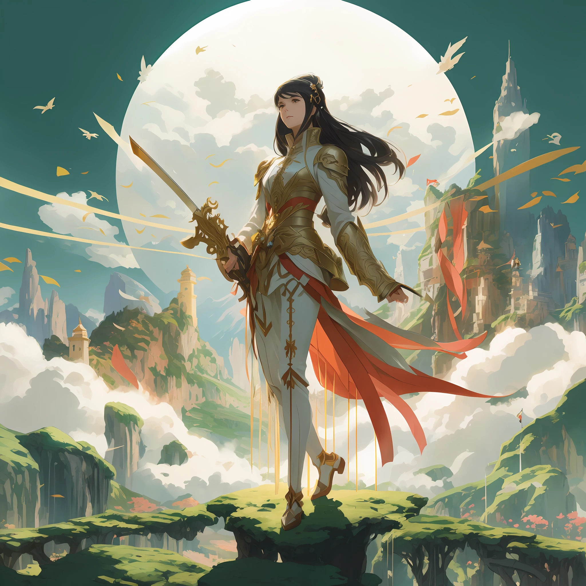There is a woman standing on a cliff with a sword, cushart krenz arte chave feminina, Artgerm e Atey Ghailan, anime fantasy illustration, Krenz Cushart e Artgerm, arte de fantasia de anime, 2. 5 d cgi anime fantasia arte, Krenz Cushart e Wenjun Lin, por Yang J --auto