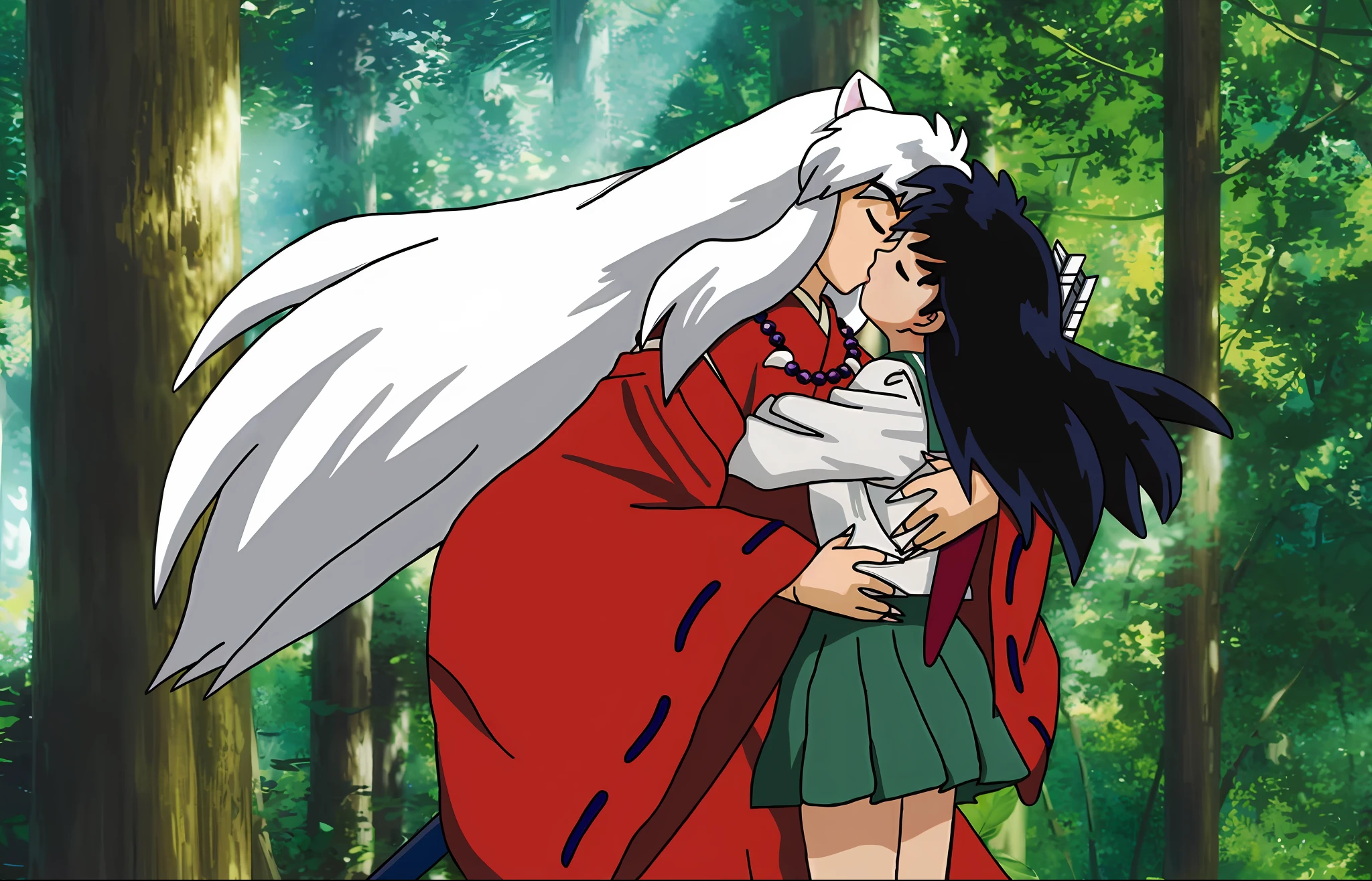 anime couple kissing, long hair, outdoors, masterpiece, best quality, masterpiece, best quality, cute, under tall trees, forest flowers, stars, tall trees, streams of light, (kagome and inuyasha)