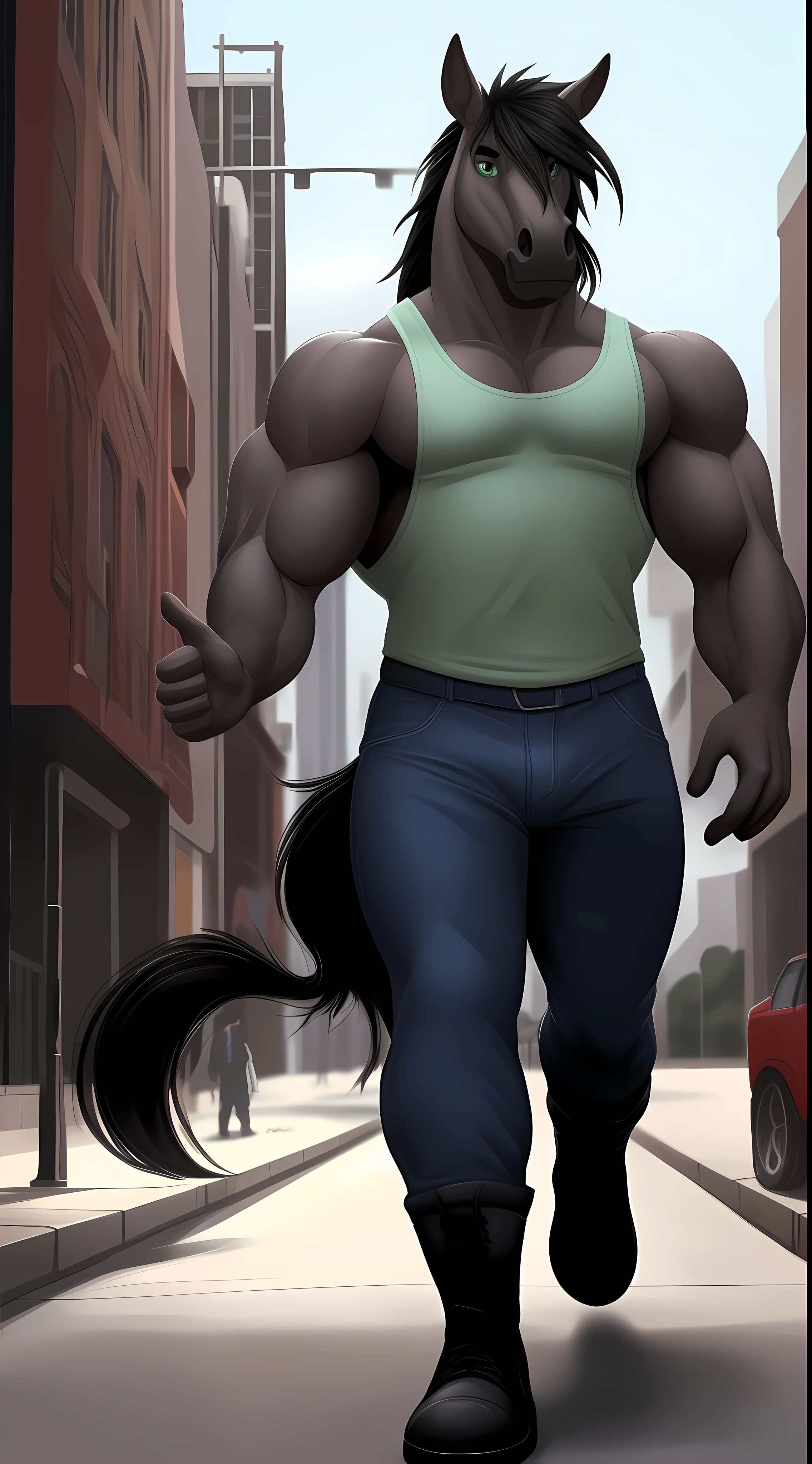 antro preto equino, Front view, Olhando para o horizonte, antro ((anatomia perfeita)), bumbum grande, com jeans curto ((fotorrealista)), with bulge, macho, no centro da cidade, Andar na rua, massive muscular male ((boa anatomia)), cabelos pretos longos, (Olhos verdes detalhados), pele bonita, HDR, 45 millimeters, [[camiseta]] (White Gym Muscle tank top Y) meio-dia, cidade moderna, Buildings, um carro ao fundo, Luz de contorno, Botas de cano alto pretas, Rabo de cavalo