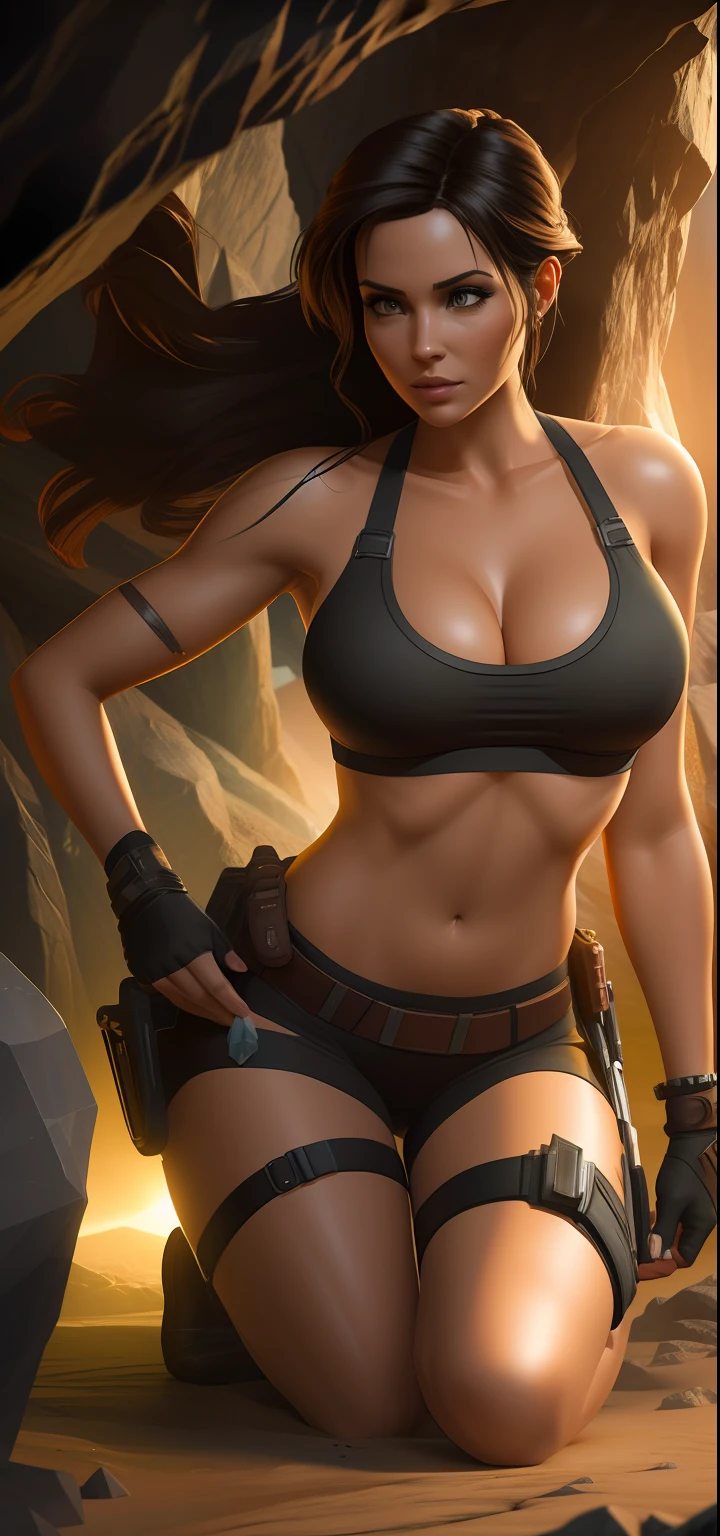 very beautiful detailed Lara Croft in the cave, Fabulously beautiful crystals, overdetalization, Unbelievable lighting, overdetalization, 8K, Unreal Engine 5, 3d визуализация, parallax, RTX, tmasterpiece, luminous minerals, volumetric glow, epic view, better lighting