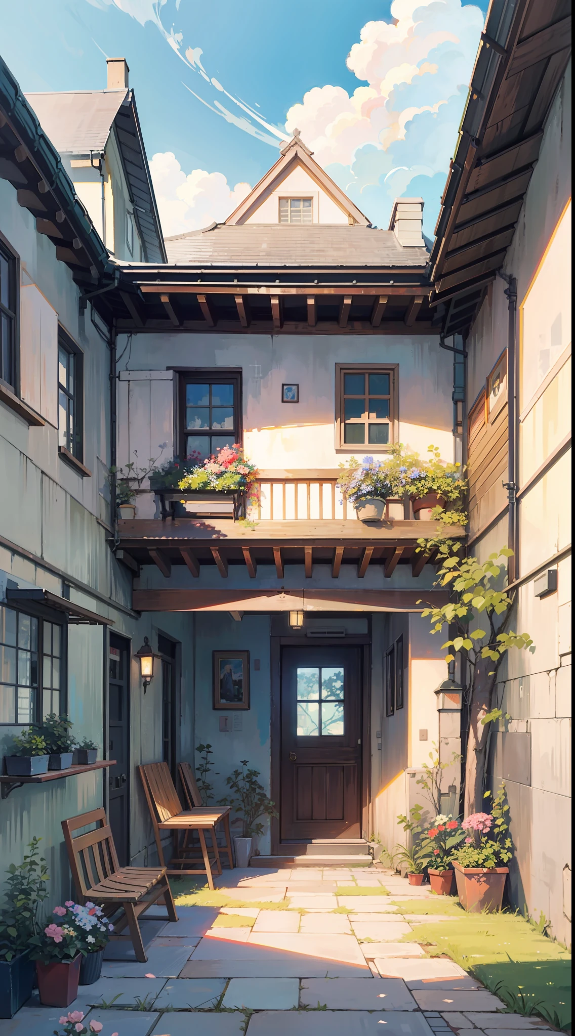 painting of a courtyard with a table and chairs and a bench, anime background art, relaxing concept art, anime scenery concept art, immensely detailed scene, a beautiful artwork illustration, detailed scenery —width 672, studio ghibli environment, highly detailed scene, environment design illustration, beautiful anime scene, ghibli studio style, anime scenery, detailed soft painting, environment painting, One image