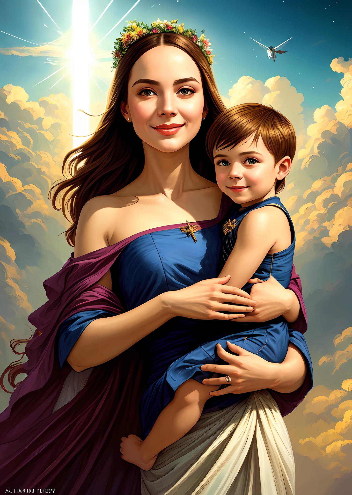 masterpiece, woman and , holy virgin mary with littlin her arms, halo over head, smiling, heavenly sky, half body, ((divine light)), ethereal, clouds, back lighting, realistic portrait, symmetrical, strong, intricate drawing, highly detailed, digital painting, art station, concept art, fluid, sharp focus, illustration, against heaven's gate, cinematic lighting, works by artgerm and greg rutkowski and alphonse mucha