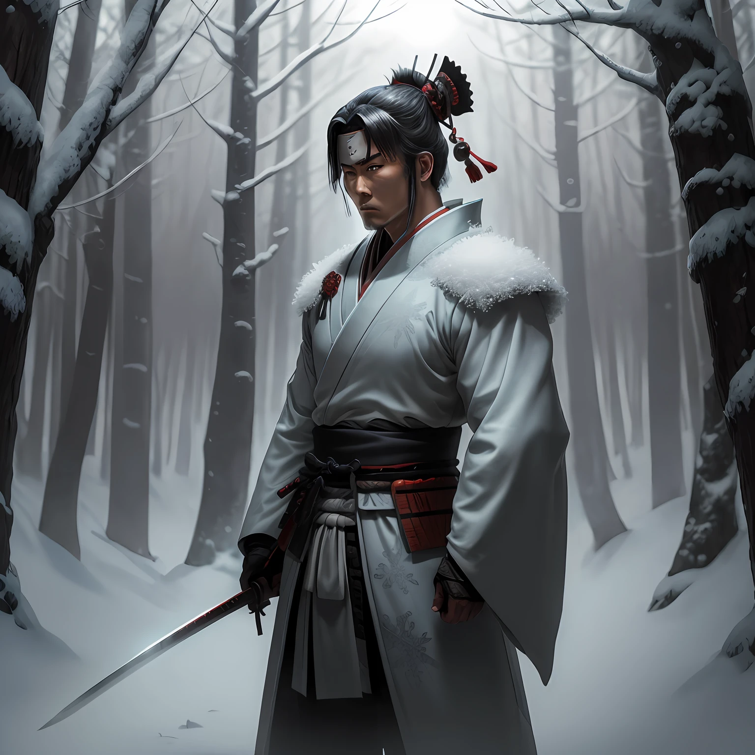 A samurai with frost tematic, in a forest, with a enchanted sword, he's alone with the kimono and powerfull eyes --auto