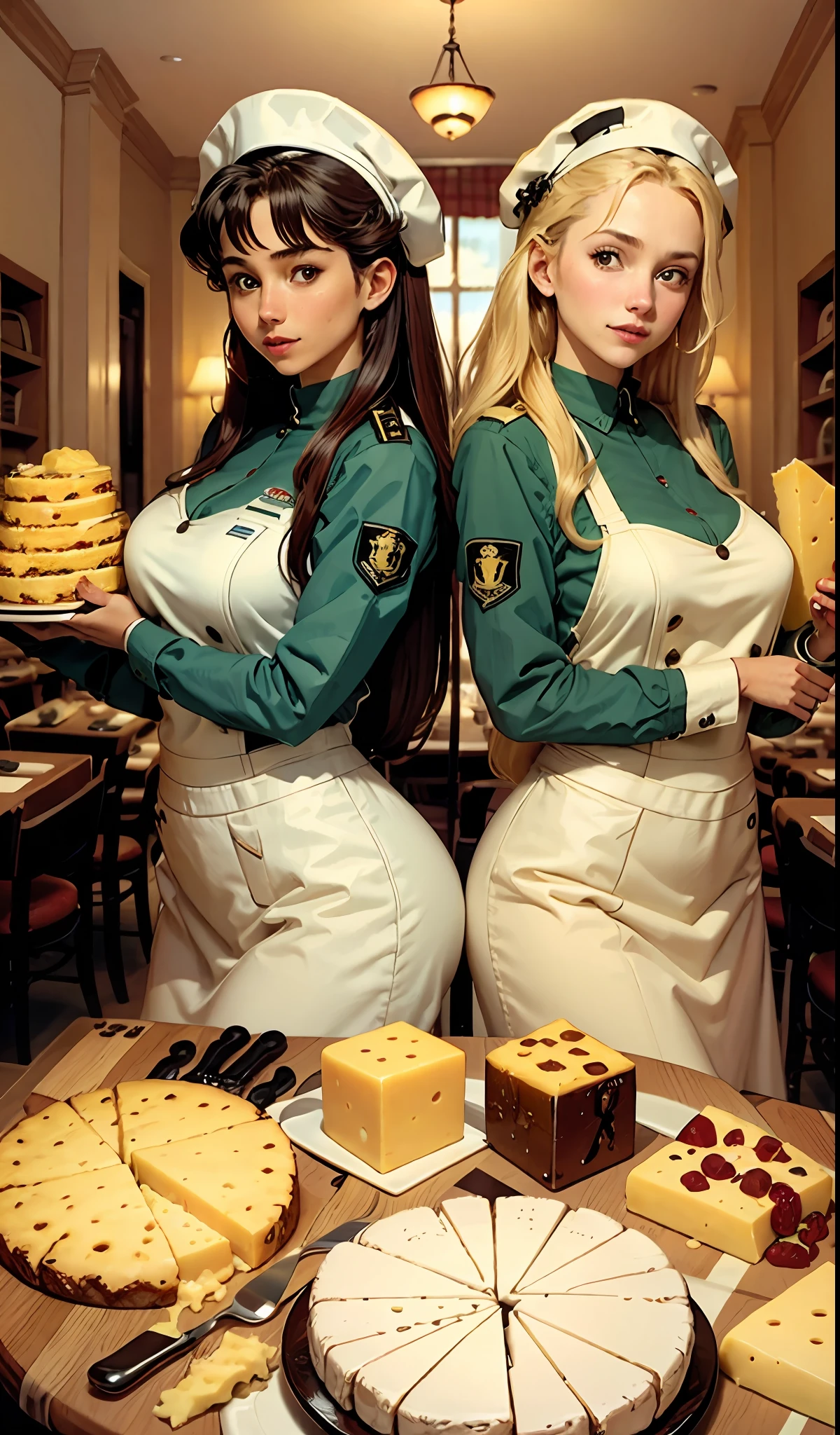 Checkered tables with cheese boards and uniformed waitresses